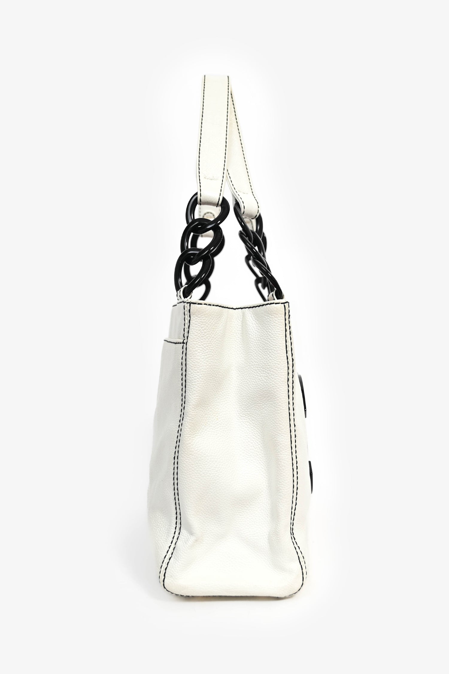 Chanel™ -05 White Caviar Leather Black Resin Cc Chain Link Tote Bag