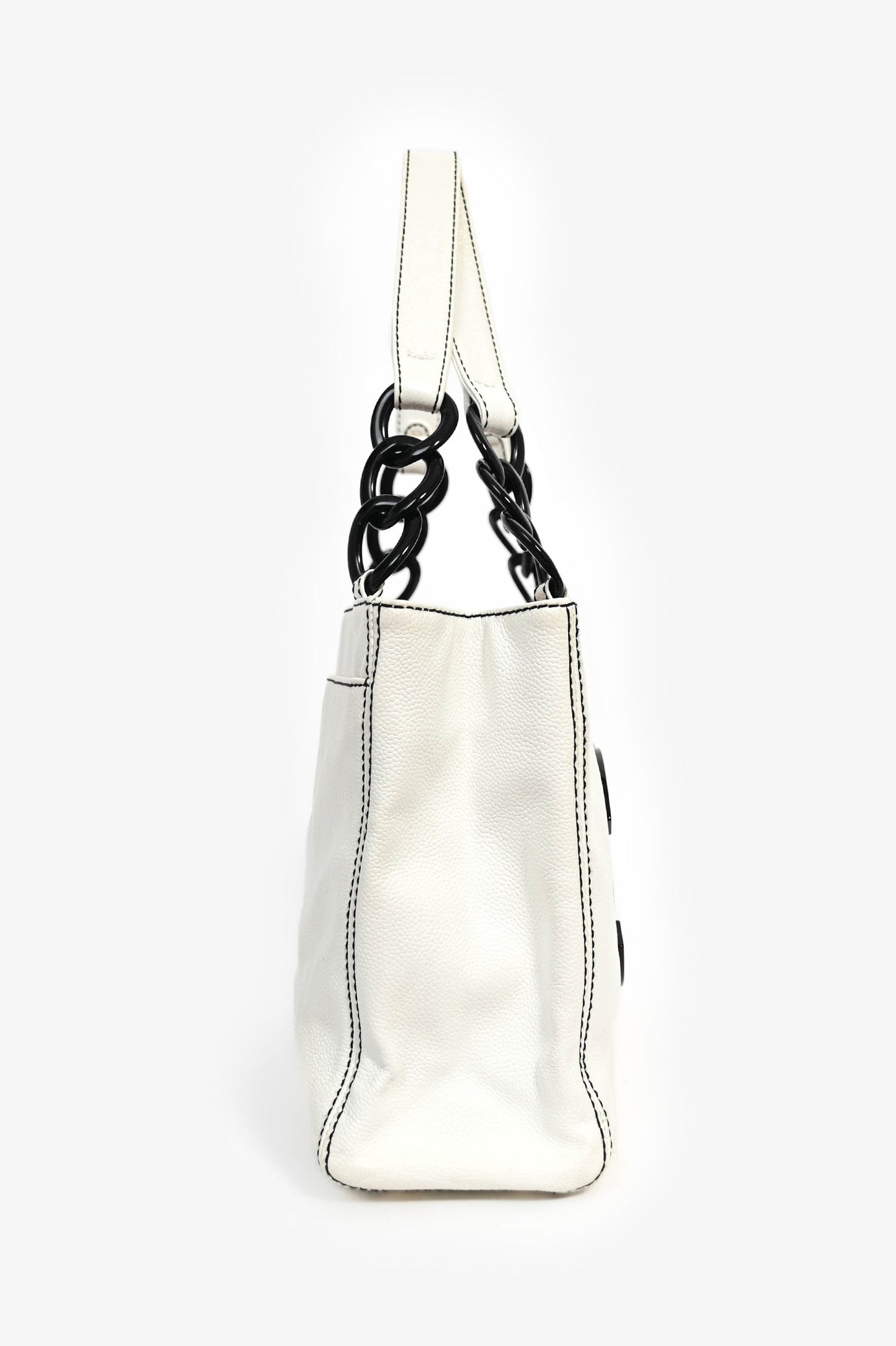 Chaneltm 2004 05 White Caviar Leather Black Resin CC Chain Link Tote Bag
