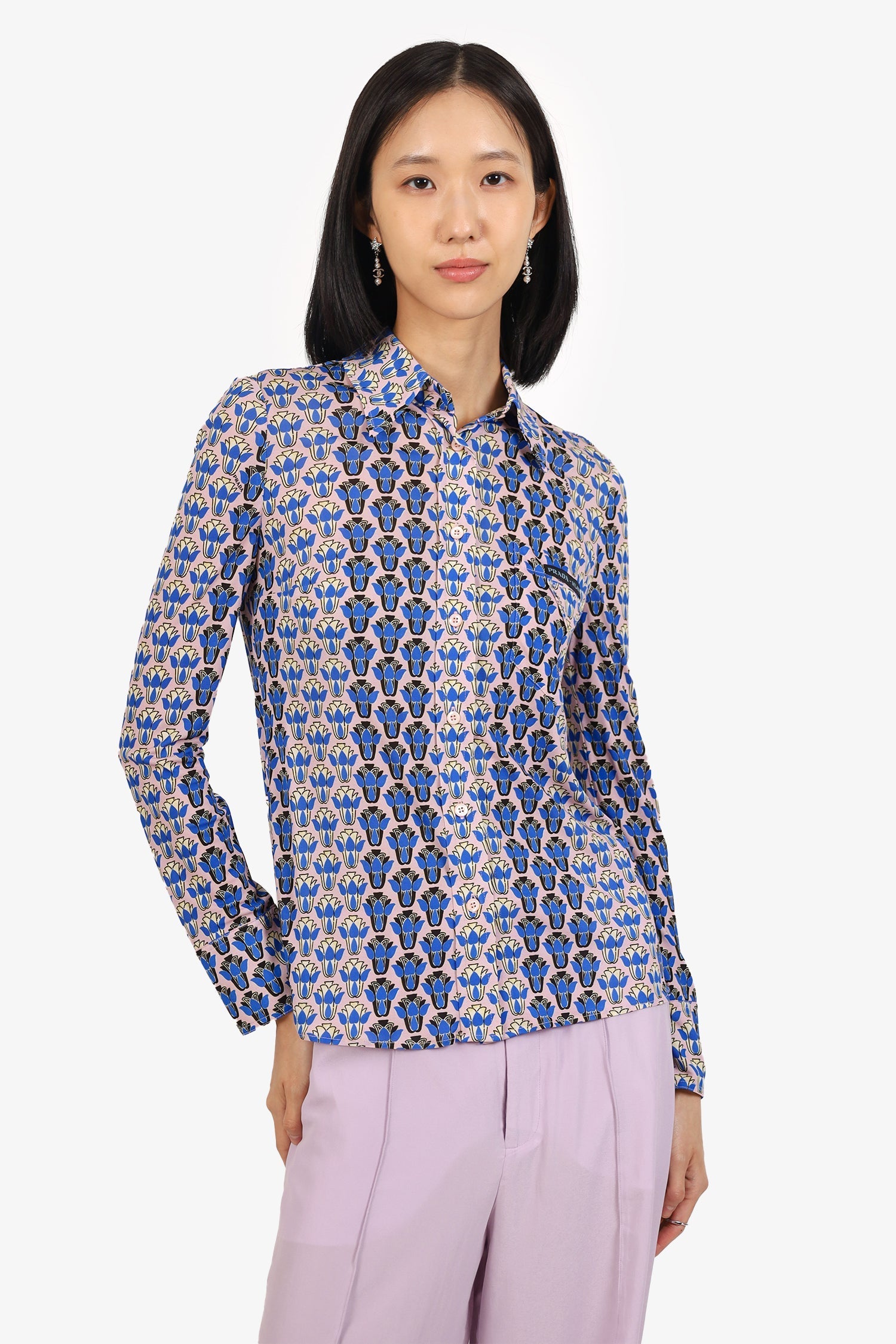 Prada Handbag Floral Print Pocket Shirt Estimated Blue Pink Logo