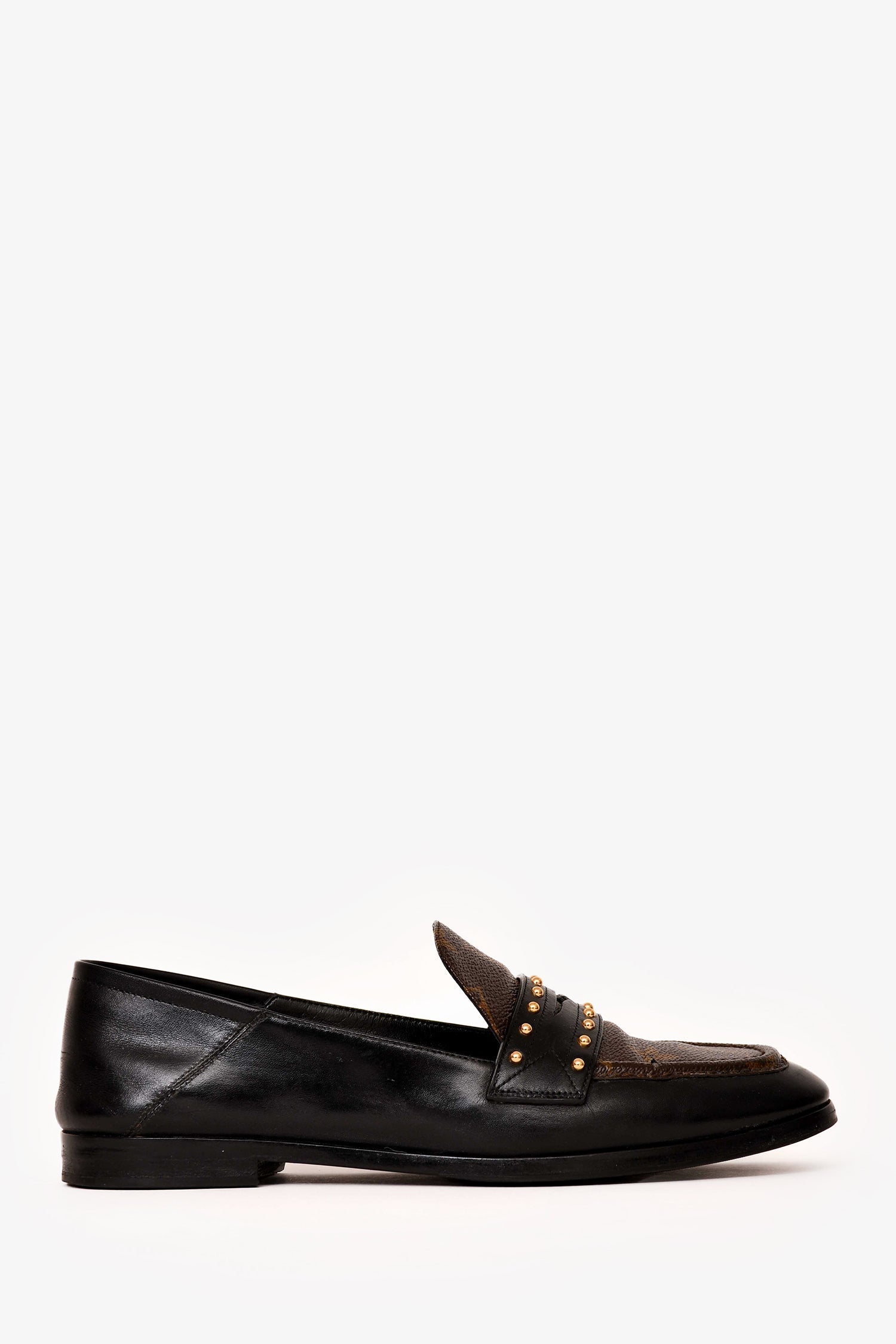 Louis Vuitton Black/Brown Calfskin Monogram Studded Loafers Size 36