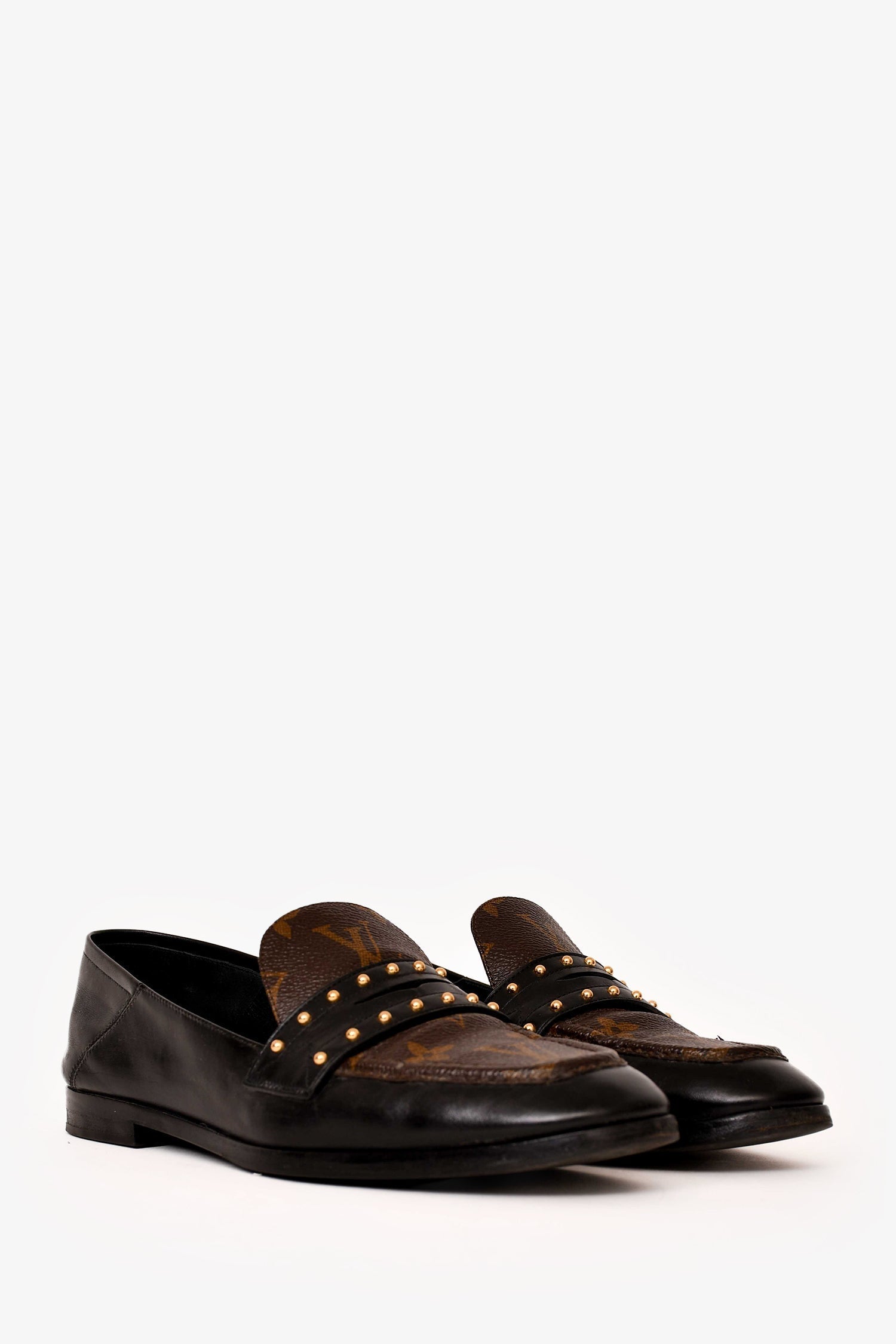 Louis Vuitton Black/Brown Calfskin Monogram Studded Loafers Size 36