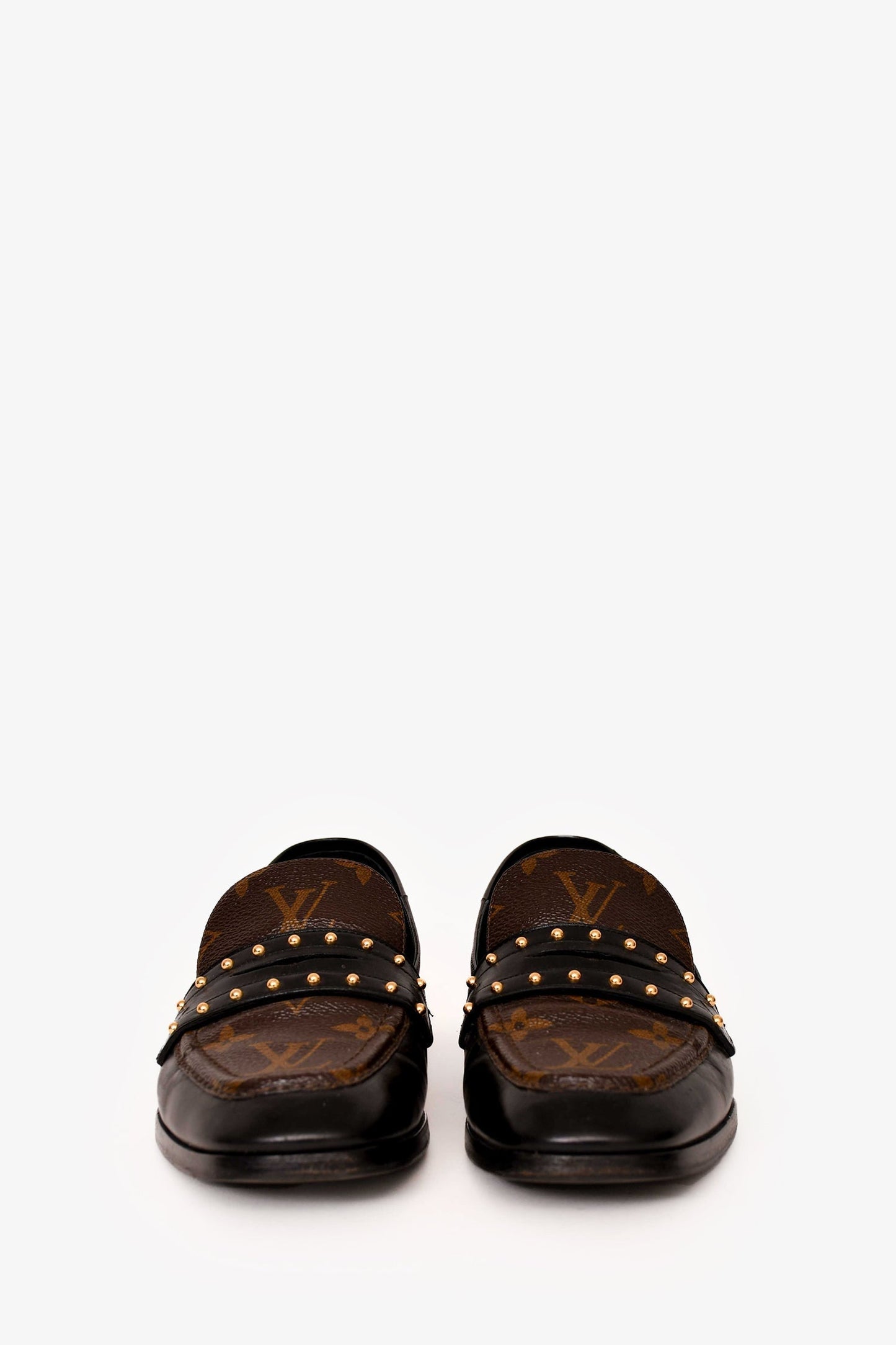 Louis Vuitton Black/Brown Calfskin Monogram Studded Loafers Size 36