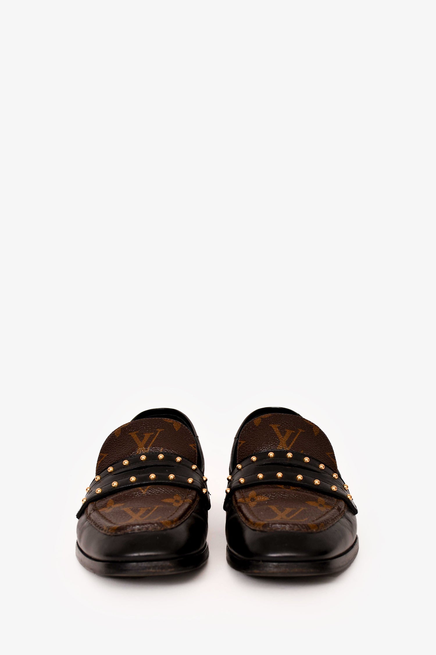 Louis Vuitton Black/Brown Calfskin Monogram Studded Loafers Size 36