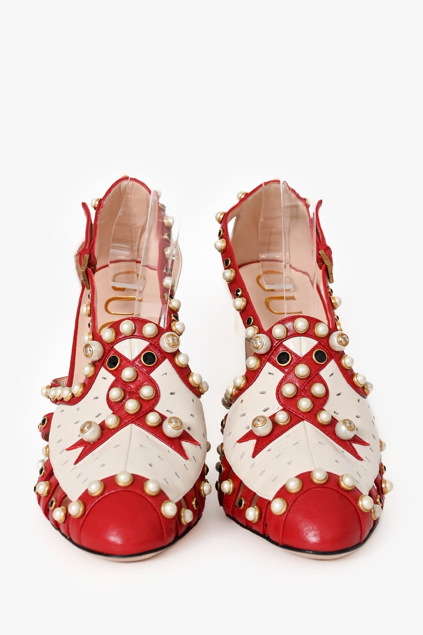 Gucci Cream/Red Leather Pearl Studded 'Tracy' Heels Size 38.5