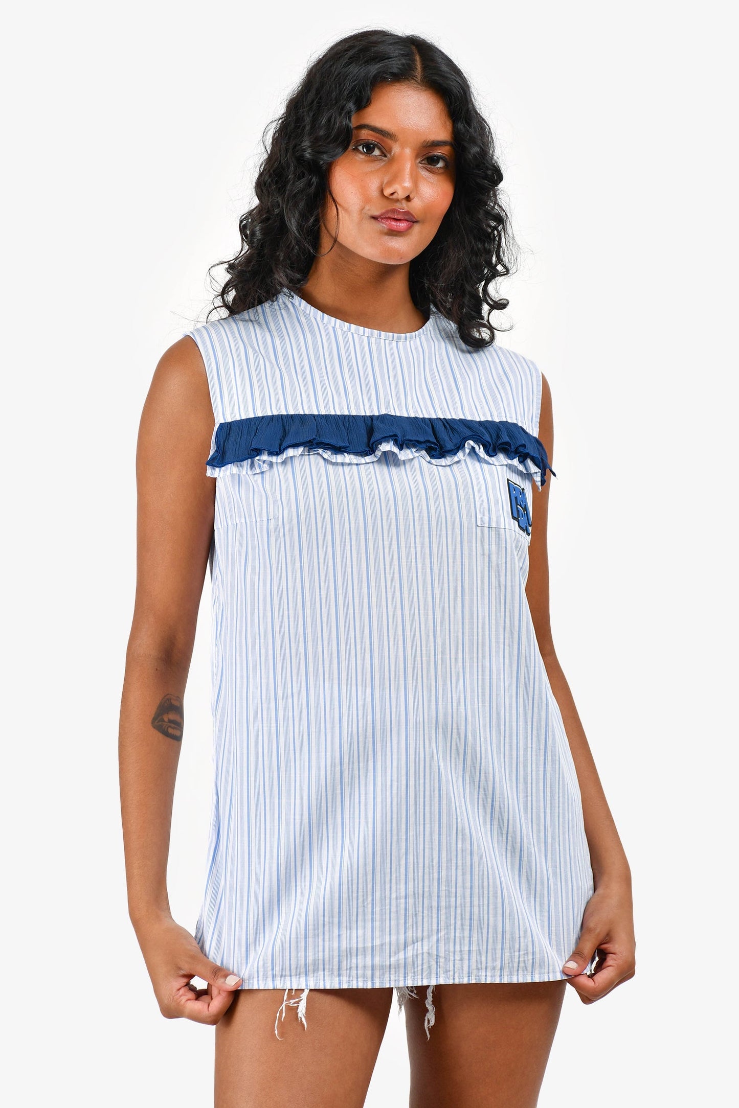 Prada Handbag Striped Ruffled Detail Applique Top White Blue Logo