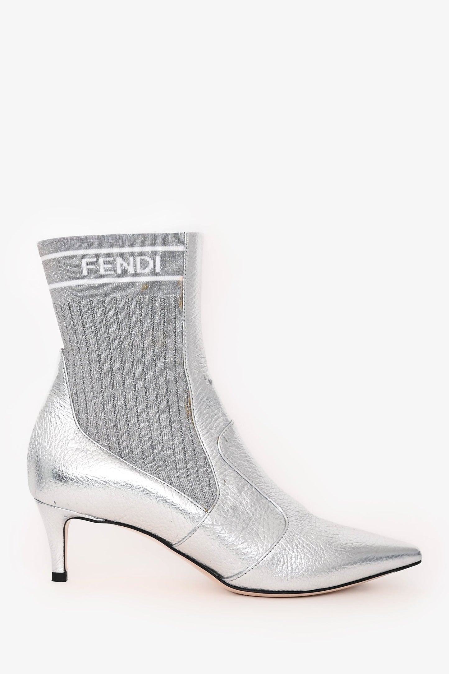 Fendi Shoe Pointed Toe Kitten Heel Boots Leather Silver Shoes