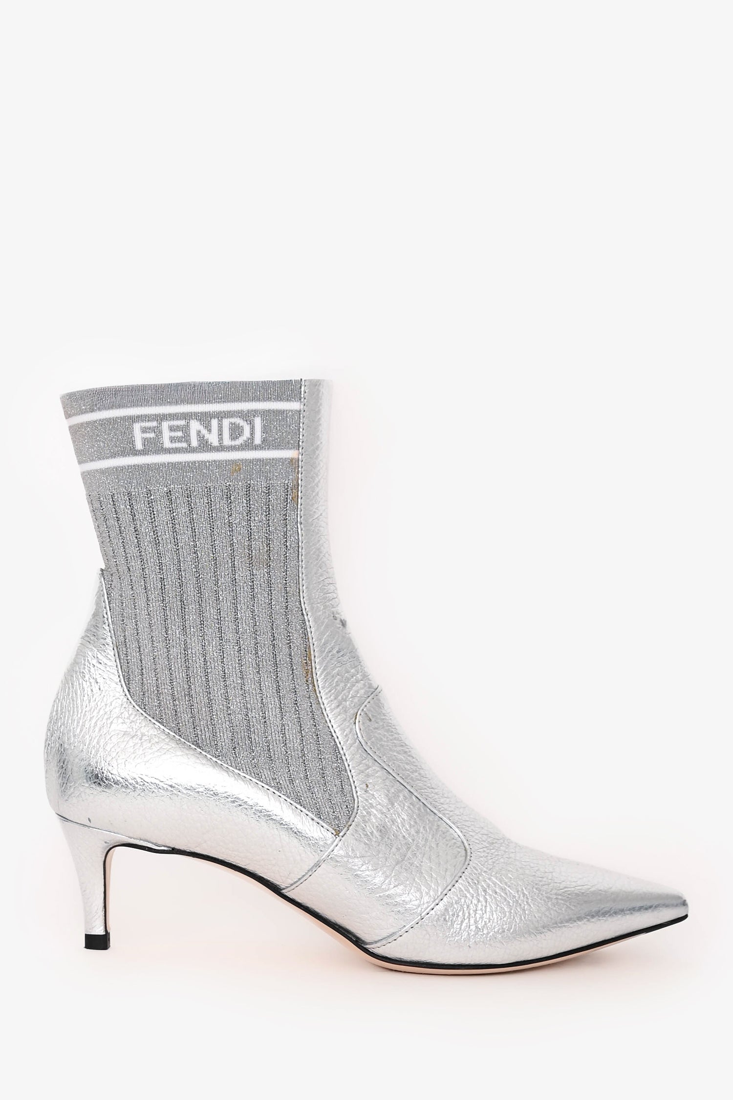 Fendi Shoe Pointed Toe Kitten Heel Boots Leather Silver Shoes
