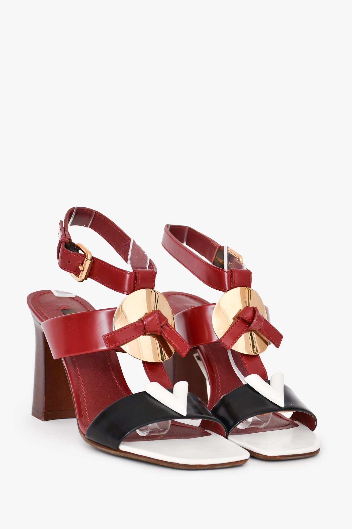 Louis Vuitton Red/Black Tricolour Leather 'V' Heeled Sandals Size 35.5