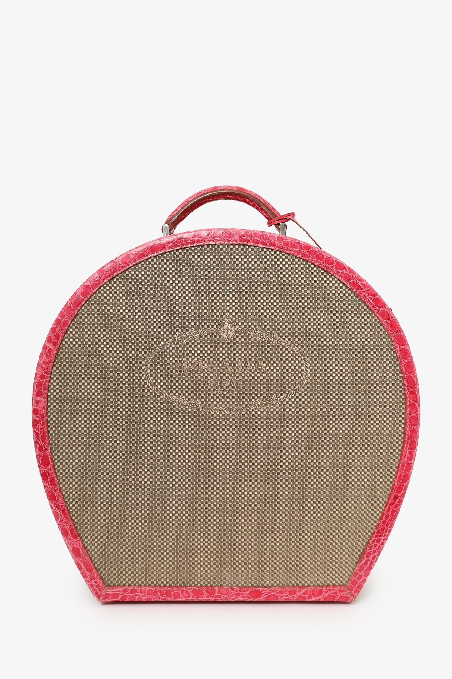 Prada Handbag Crocodile Trim Hat Box Canvas Beige Pink