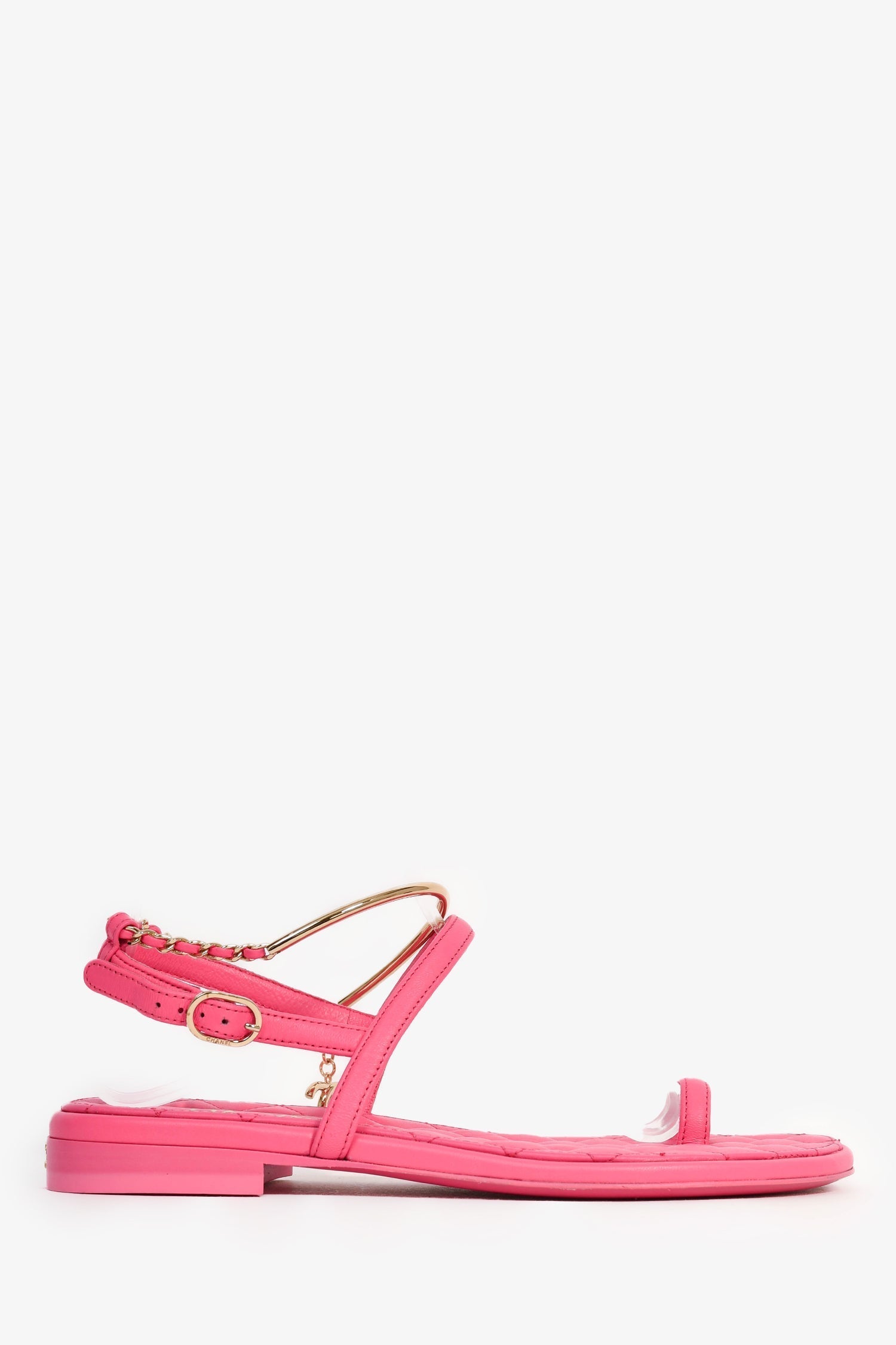 Chanel™ Hot Pink Leather Gold Ankle Wrap Sandals with Chain Link Detail Size 36C