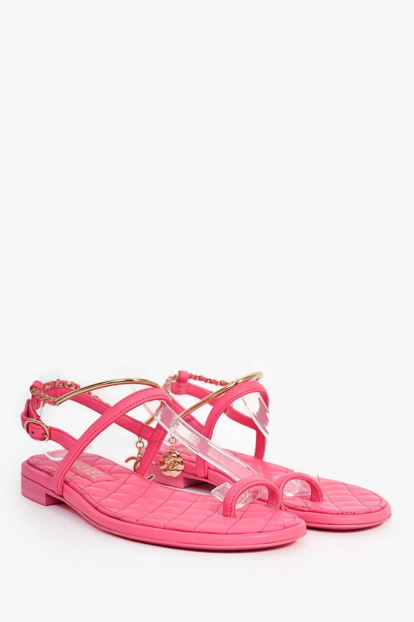 Chanel™ Hot Pink Leather Gold Ankle Wrap Sandals with Chain Link Detail Size 36C