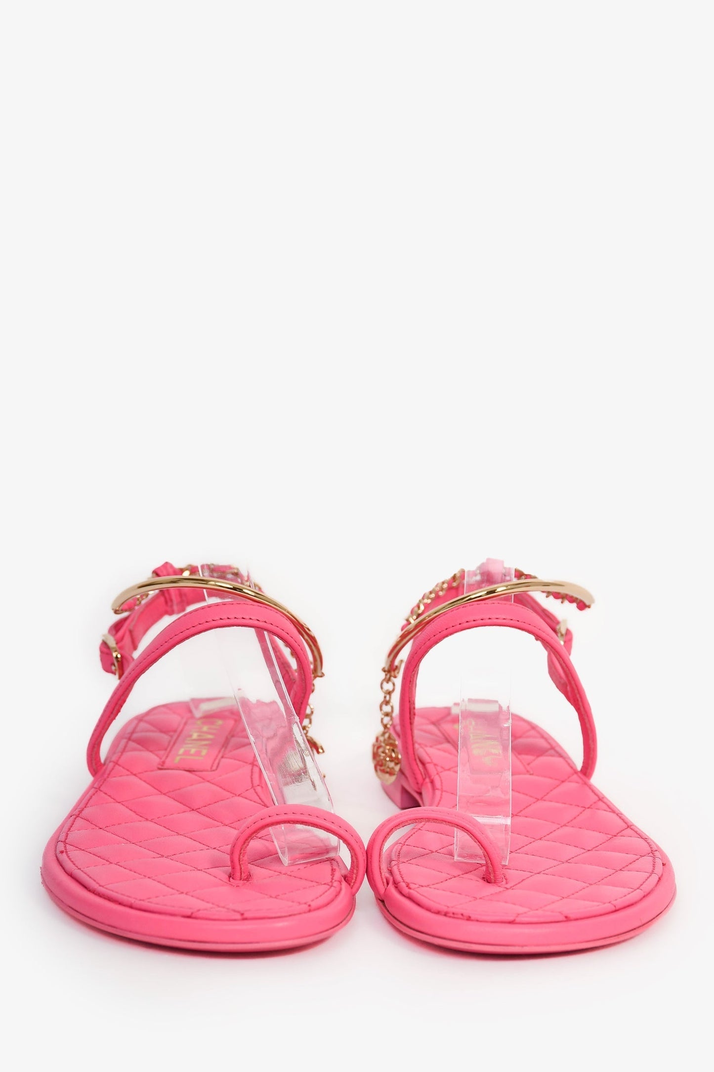 Chanel™ Hot Pink Leather Gold Ankle Wrap Sandals with Chain Link Detail Size 36C