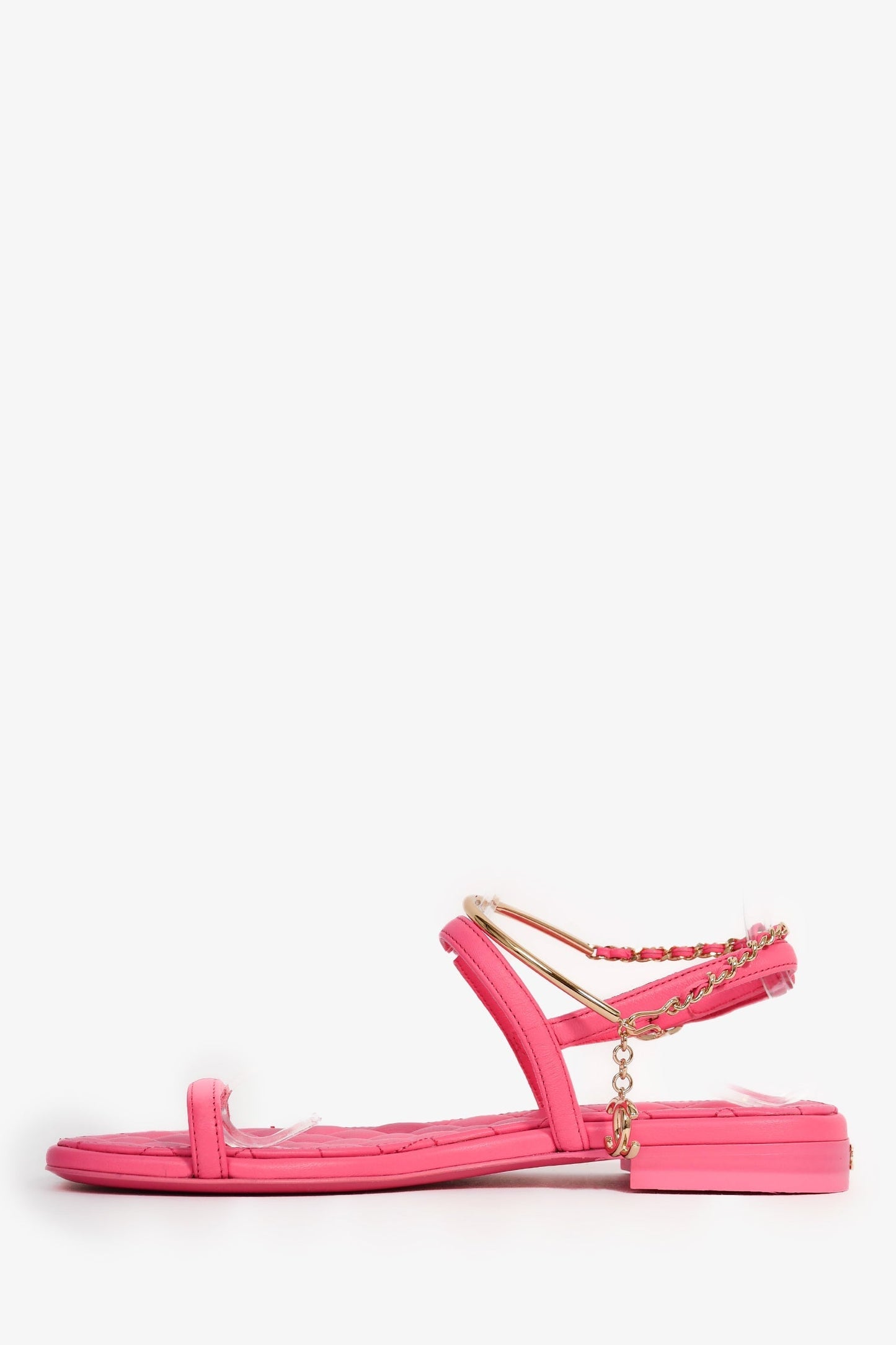 Chanel™ Hot Pink Leather Gold Ankle Wrap Sandals with Chain Link Detail Size 36C