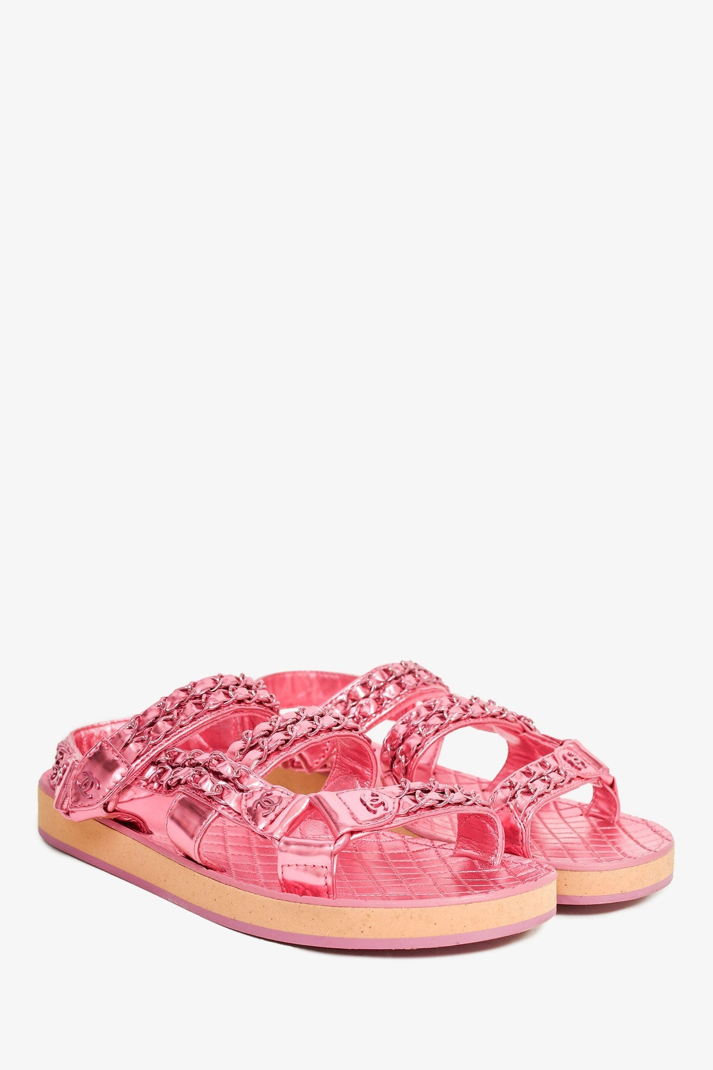 Chanel™ 2022 Metallic Pink Leather Chain CC Sandals Size 36.5C