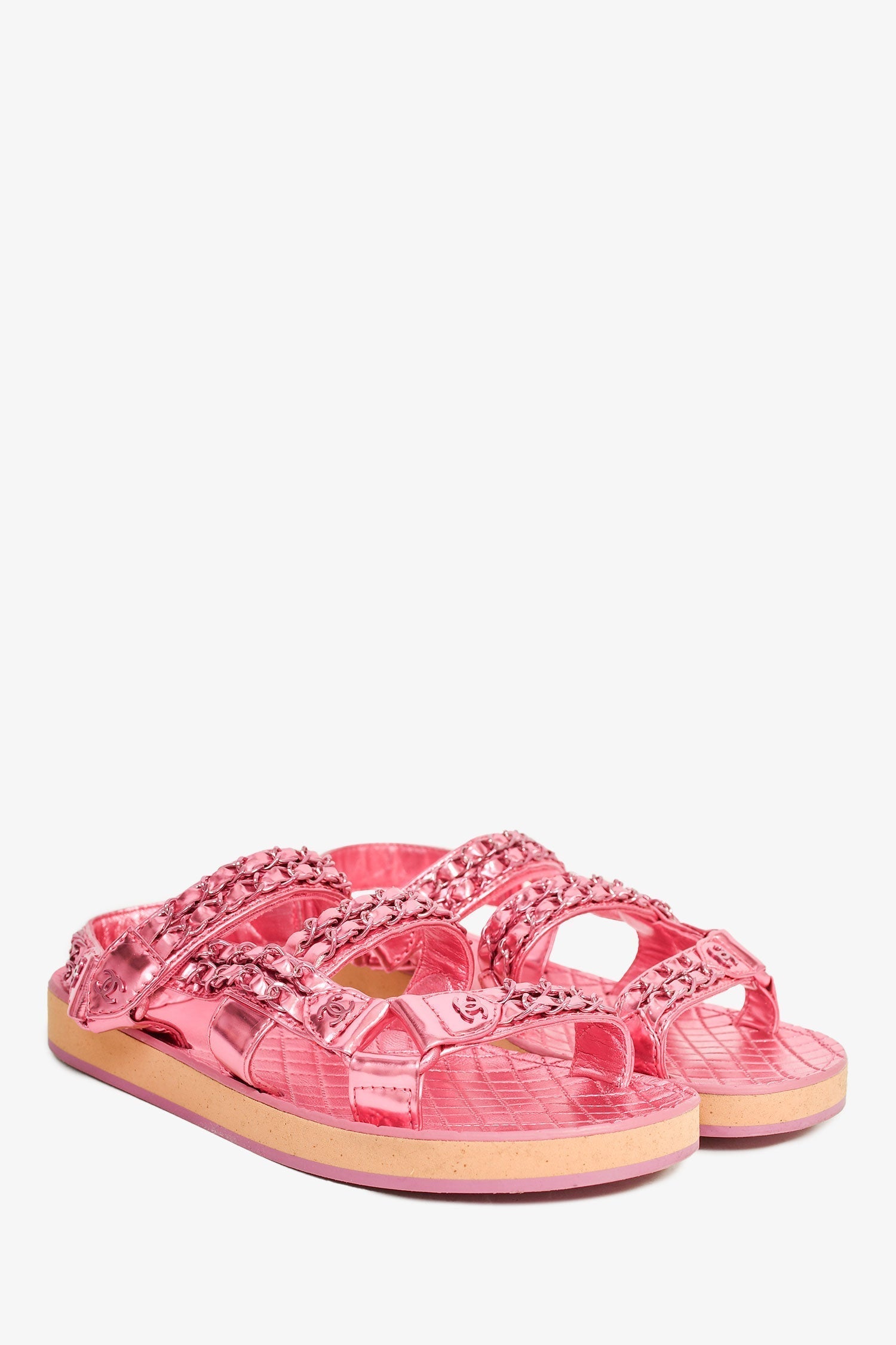 Chanel™ 2022 Metallic Pink Leather Chain CC Sandals Size 36.5C
