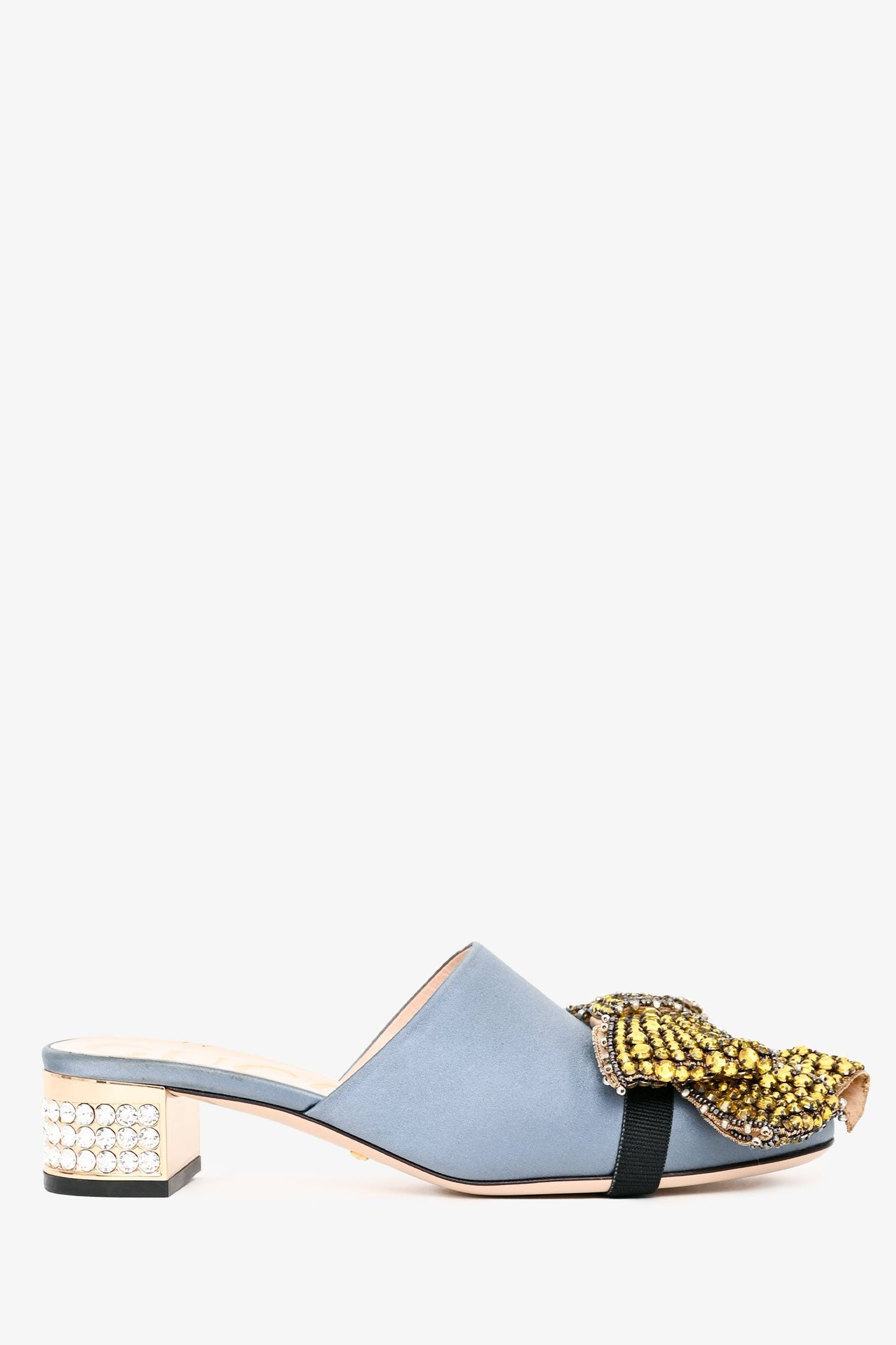 Gucci Blue/Yellow Satin/Leather Crystal Bow Embellished Mules Size 36