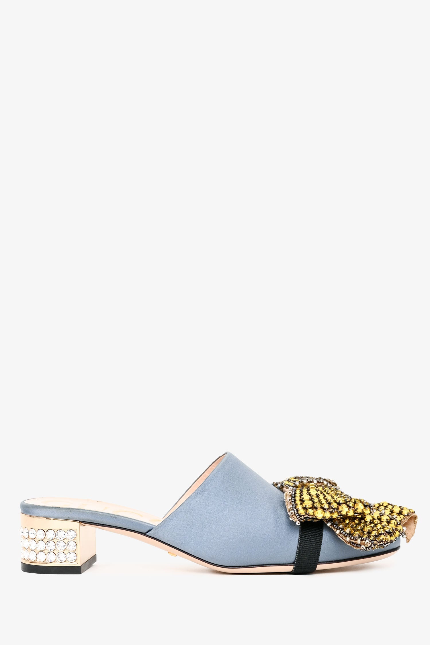 Gucci Blue/Yellow Satin/Leather Crystal Bow Embellished Mules Size 36