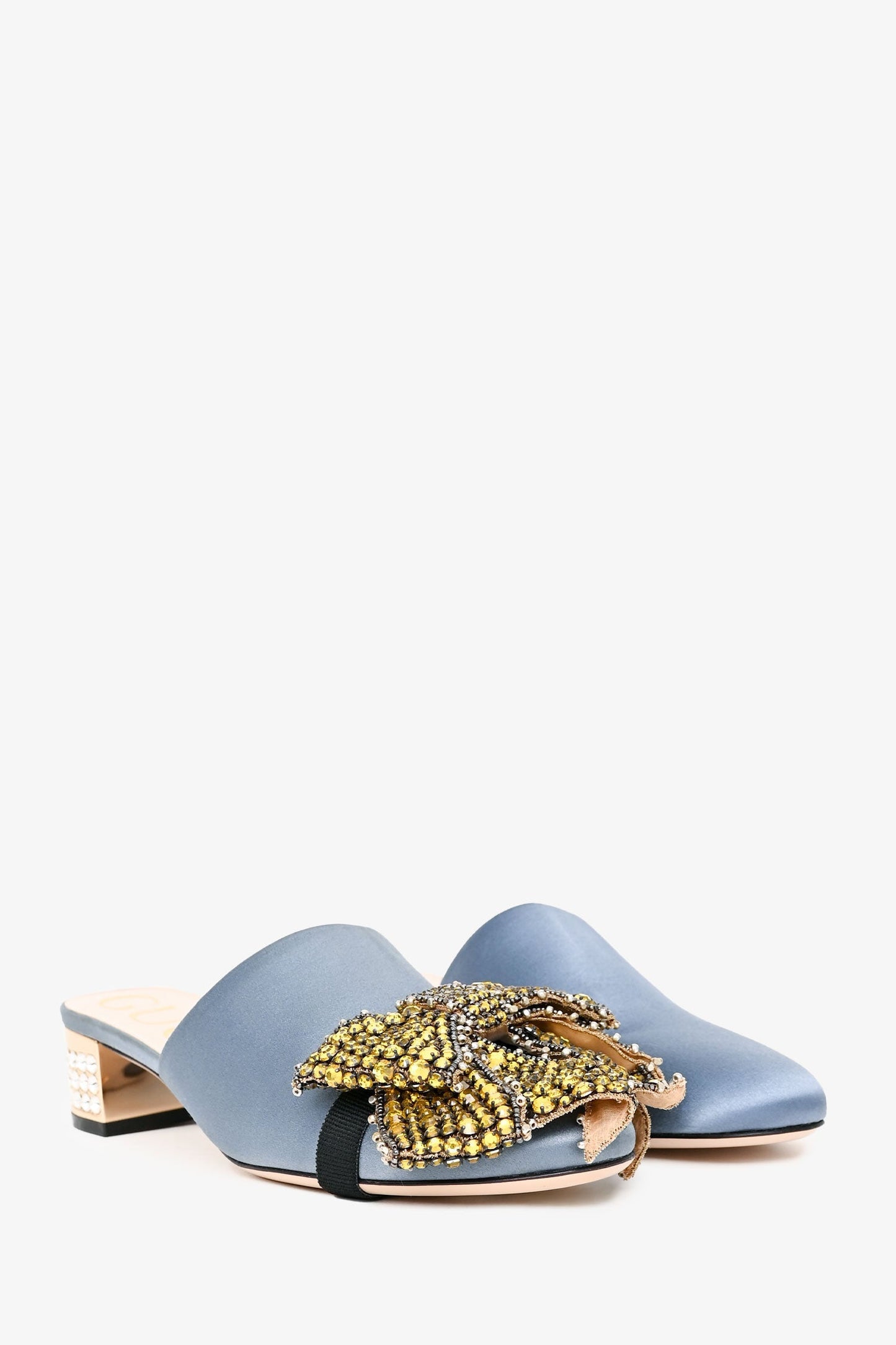 Gucci Blue/Yellow Satin/Leather Crystal Bow Embellished Mules Size 36
