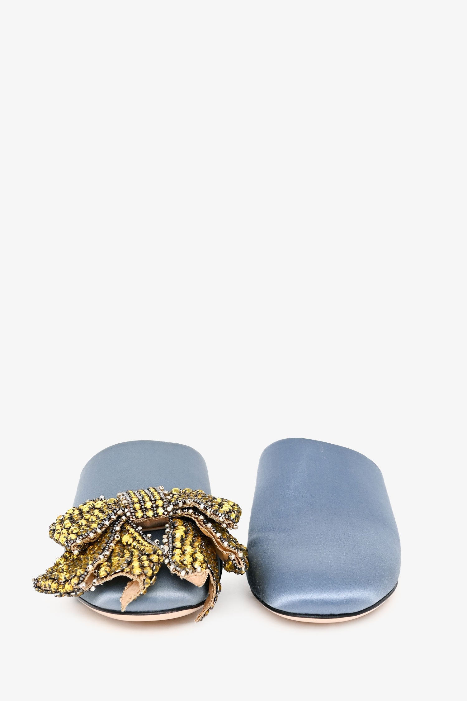 Gucci Blue/Yellow Satin/Leather Crystal Bow Embellished Mules Size 36