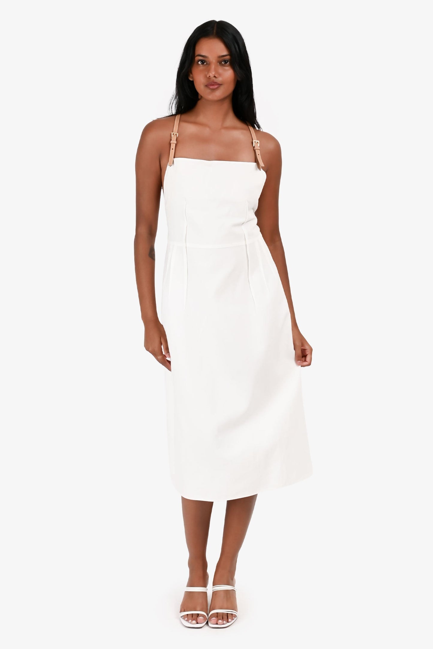 Prada Handbag Linen Cotton Strap Midi Dress Leather White Brown