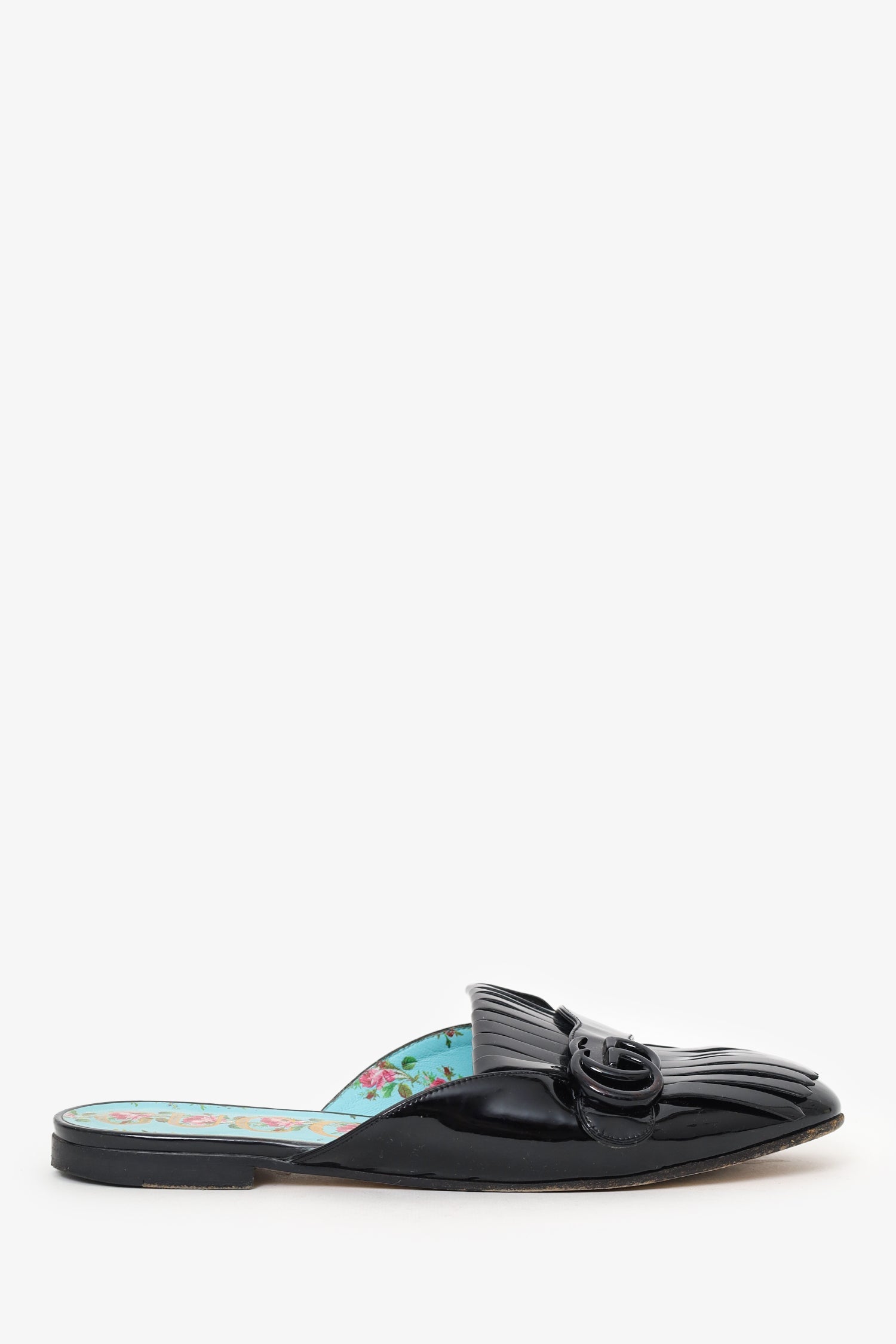 Gucci Black Patent Leather Fringe 'GG' Mule Loafers Size 39
