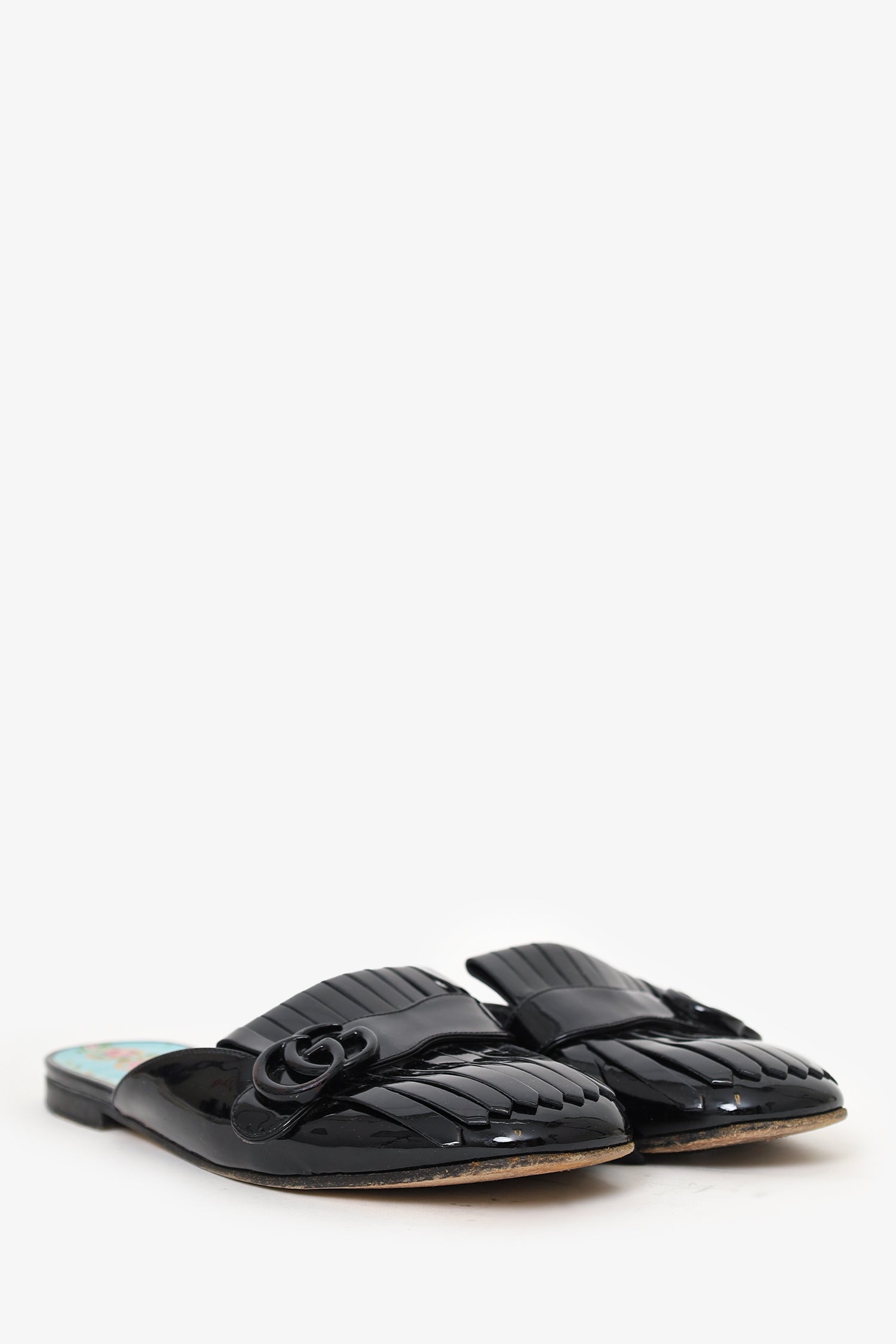 Gucci Black Patent Leather Fringe 'GG' Mule Loafers Size 39