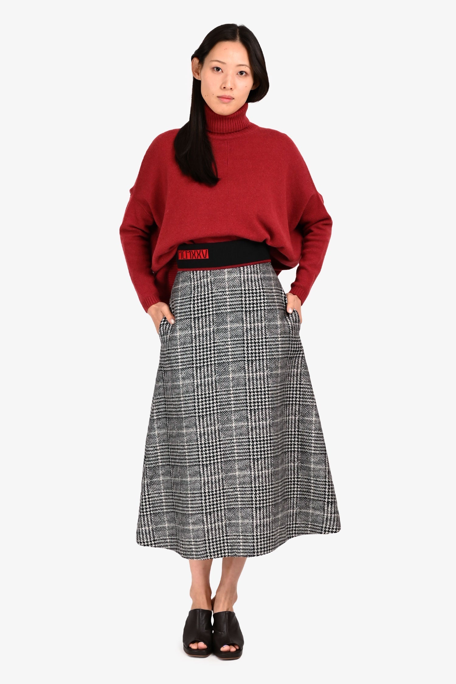 Fendi Handbag Houndstooth Midi Skirt Black White
