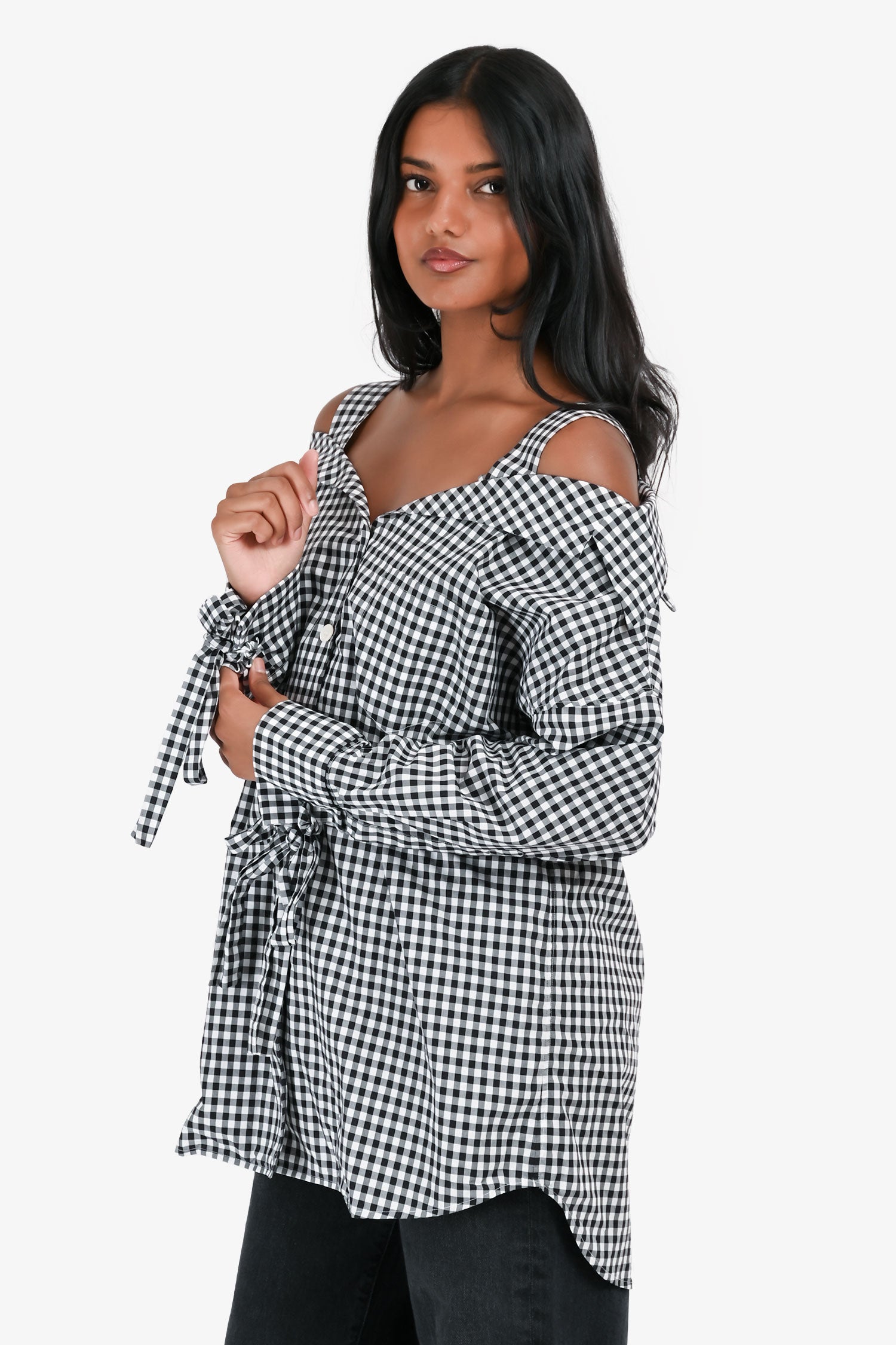 Prada Shoulder Bag & Gingham Off The Shoulder Shirt Black White