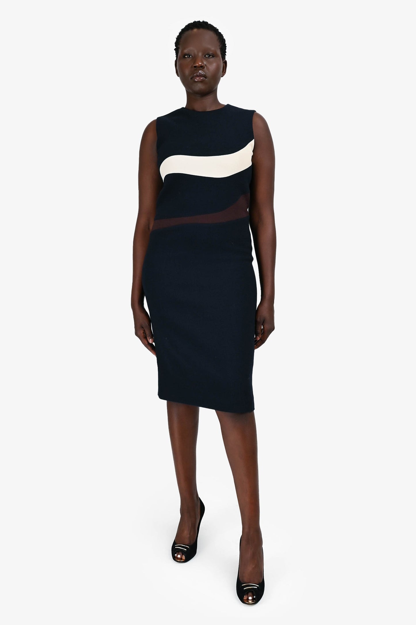 Dior Handbag Christian Wool Stripe Sleeveless Midi Dress White Brown Navy