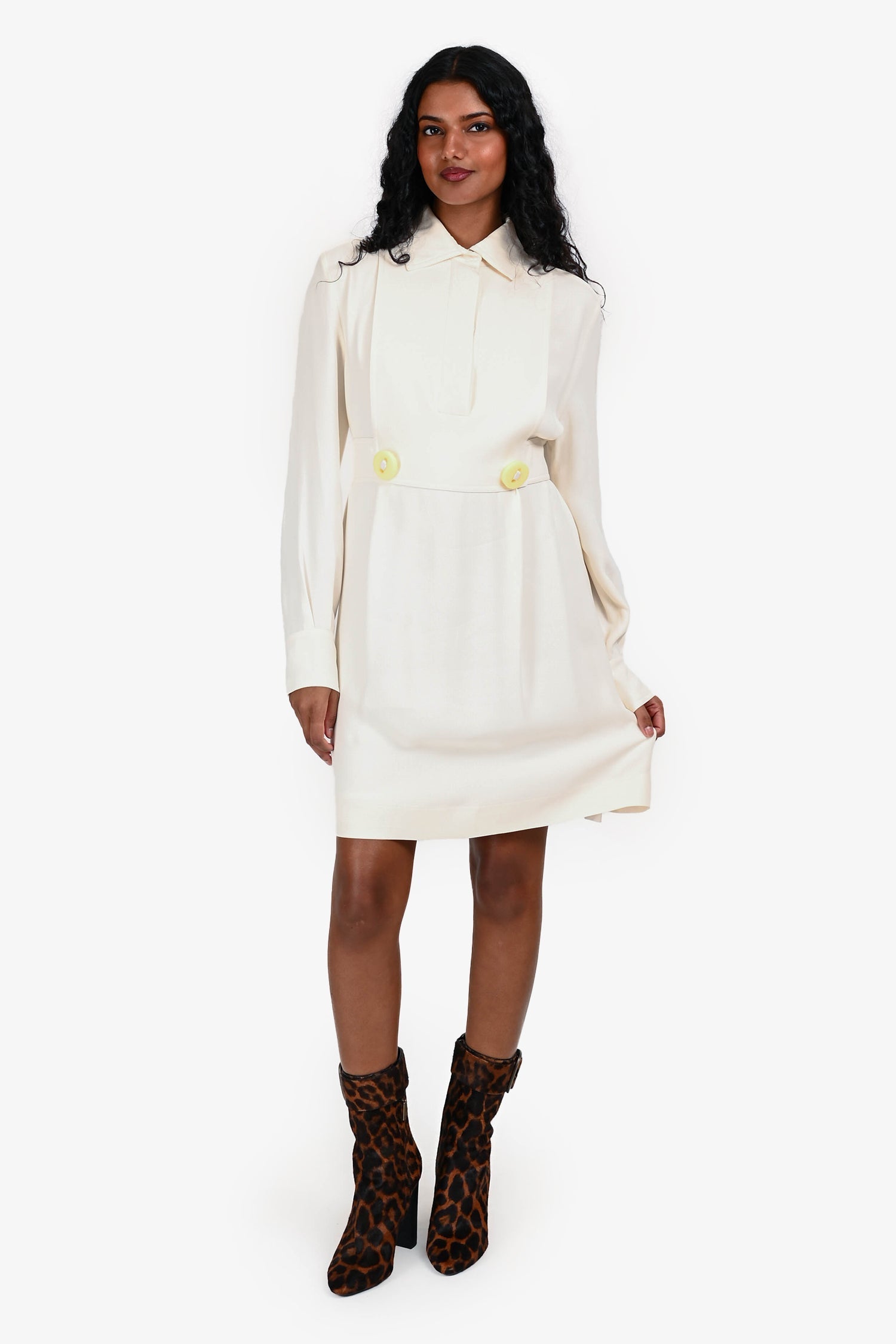 Fendi Handbag Silk Button Detail Shirt Dress Cream