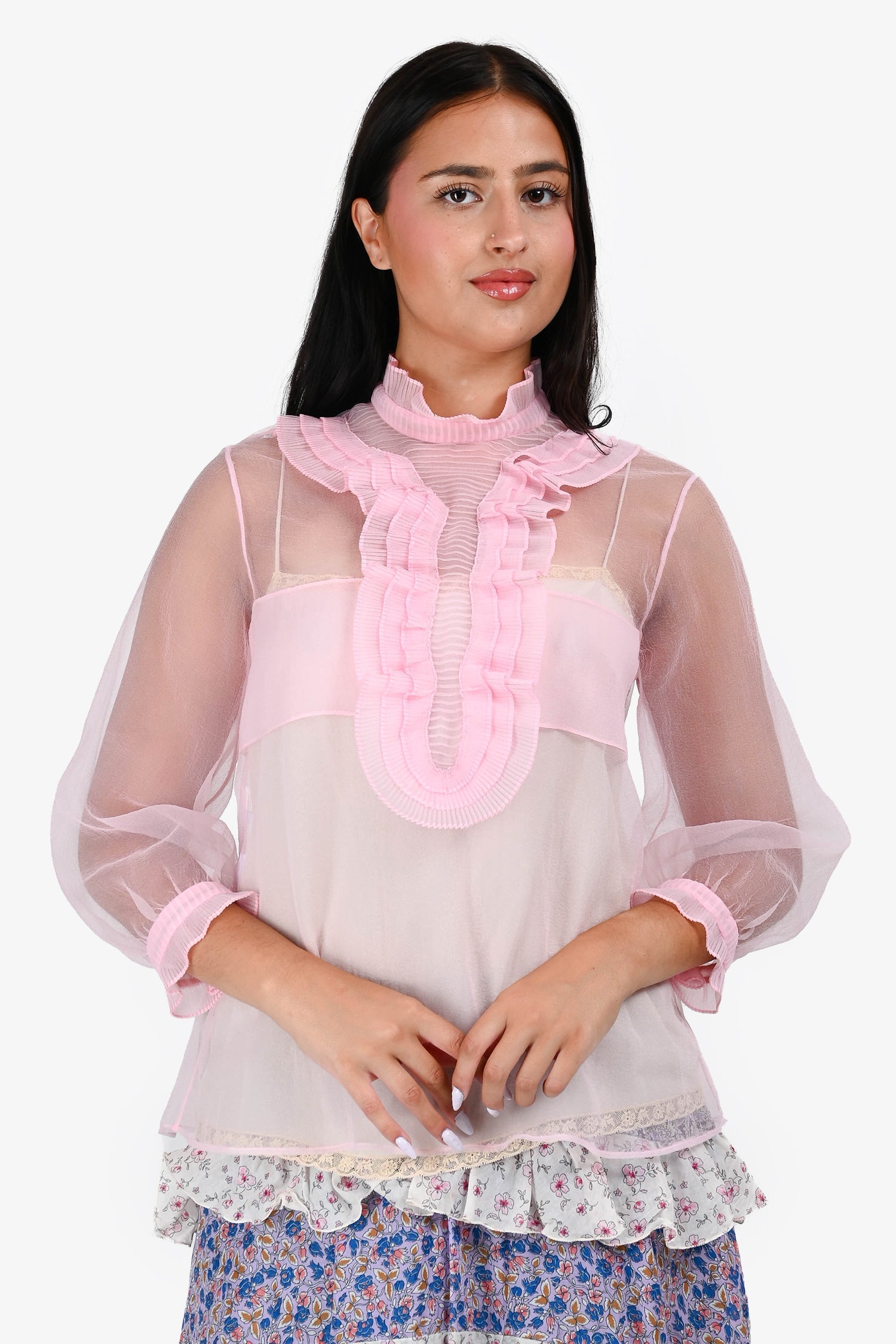 Prada Handbag Sheer Ruffle Detail High Neck Top with Pink
