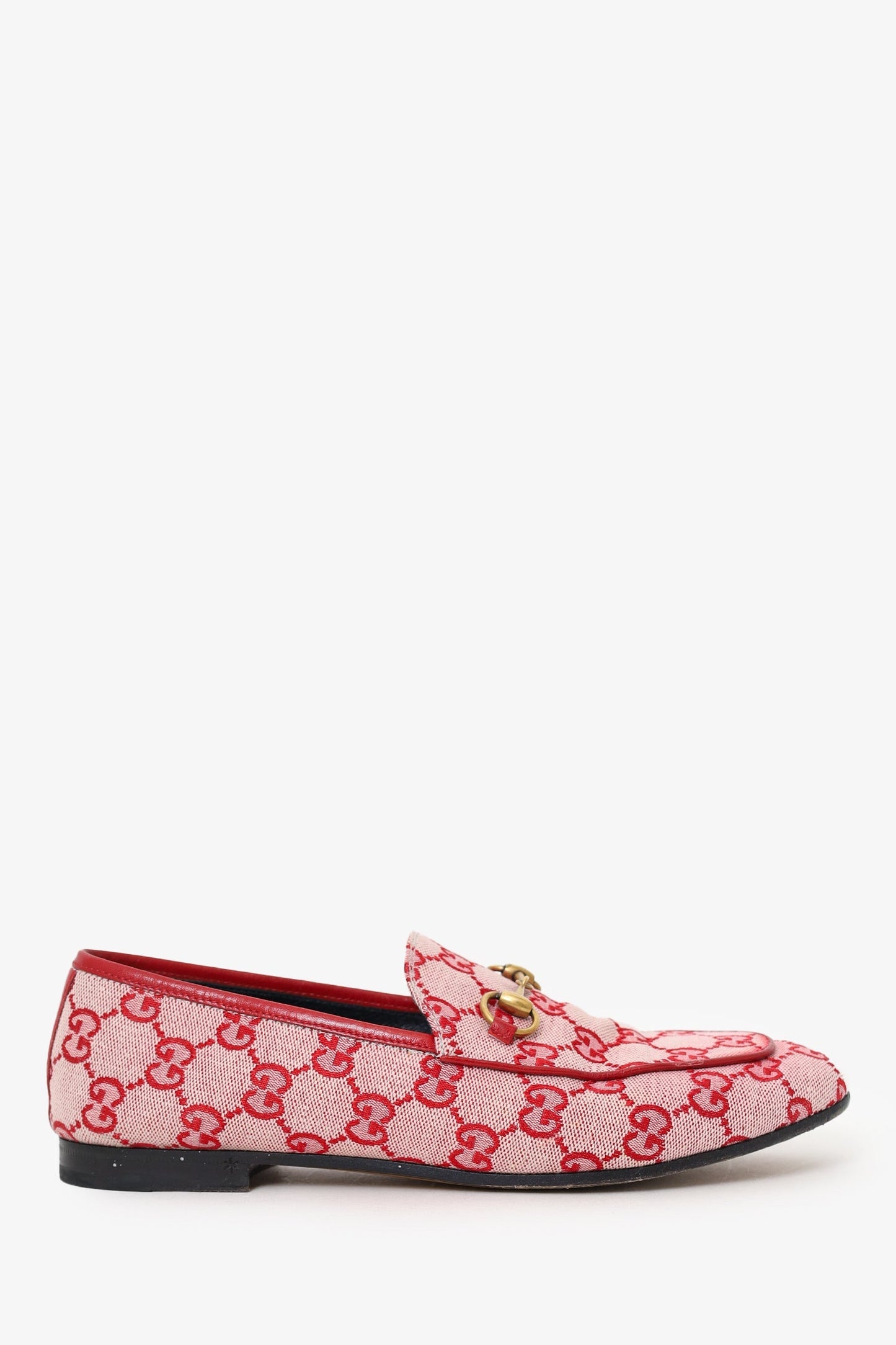 Gucci Red Canvas GG Monogram Horsebit Womens Jord n Loafers Size 37.5