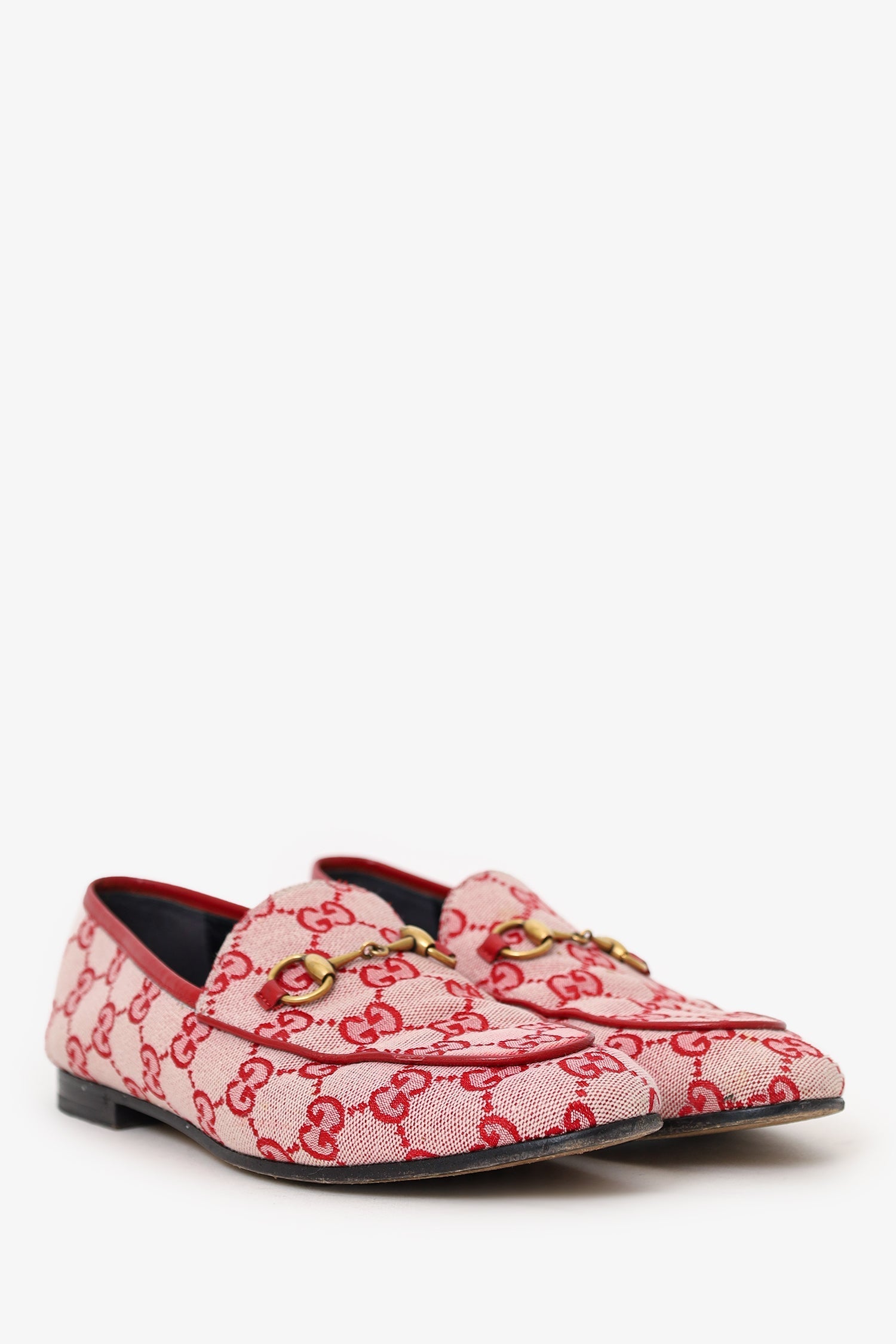 Gucci Red Canvas GG Monogram Horsebit Womens Jord n Loafers Size 37.5