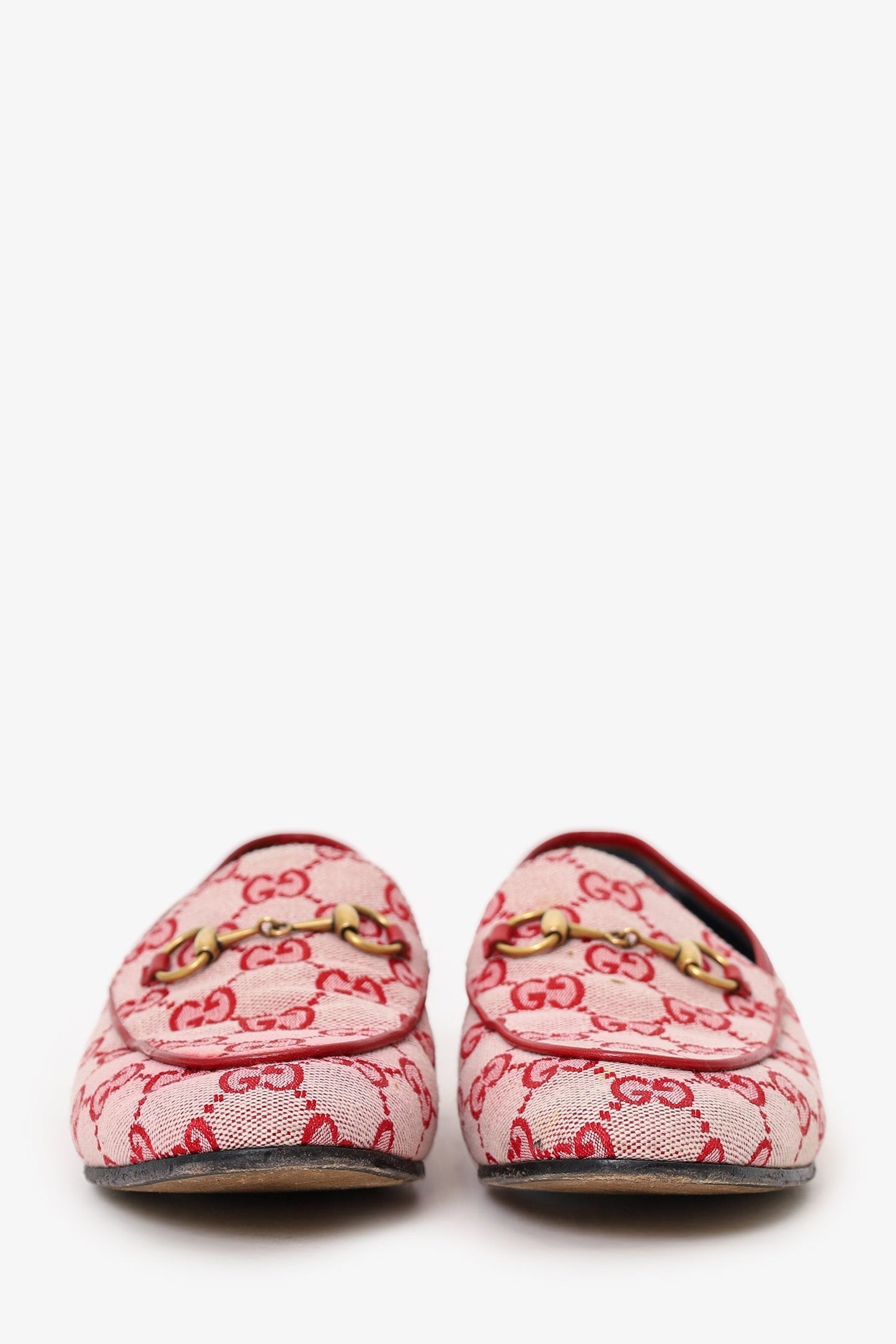 Gucci Red Canvas GG Monogram Horsebit Womens Jord n Loafers Size 37.5