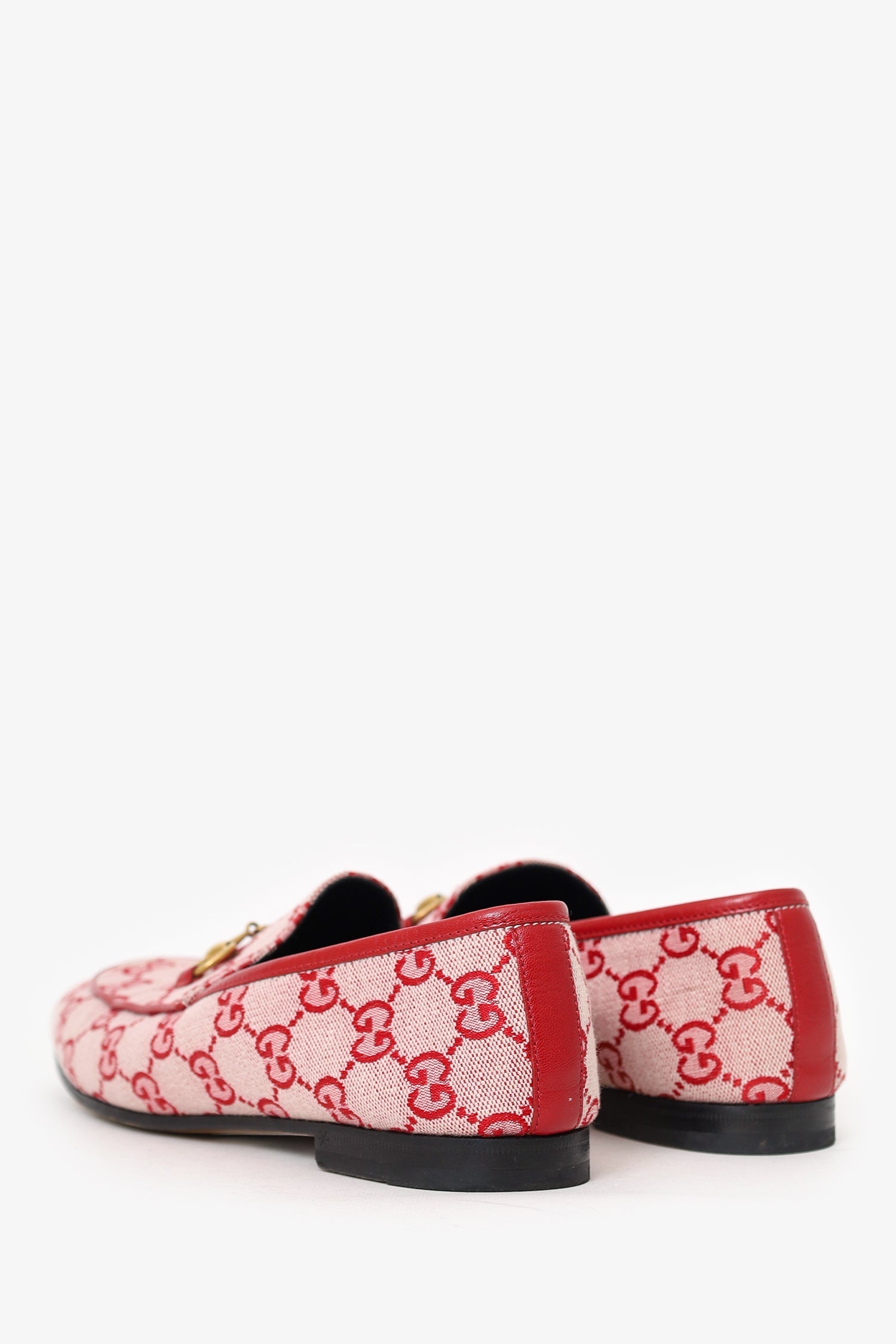Gucci Red Canvas GG Monogram Horsebit Womens Jord n Loafers Size 37.5