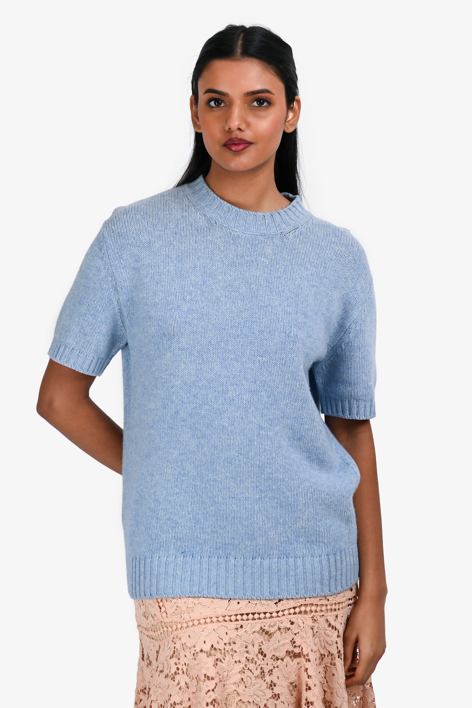 Prada Handbag Wool Cashmere Short Sleeve Sweater Blue