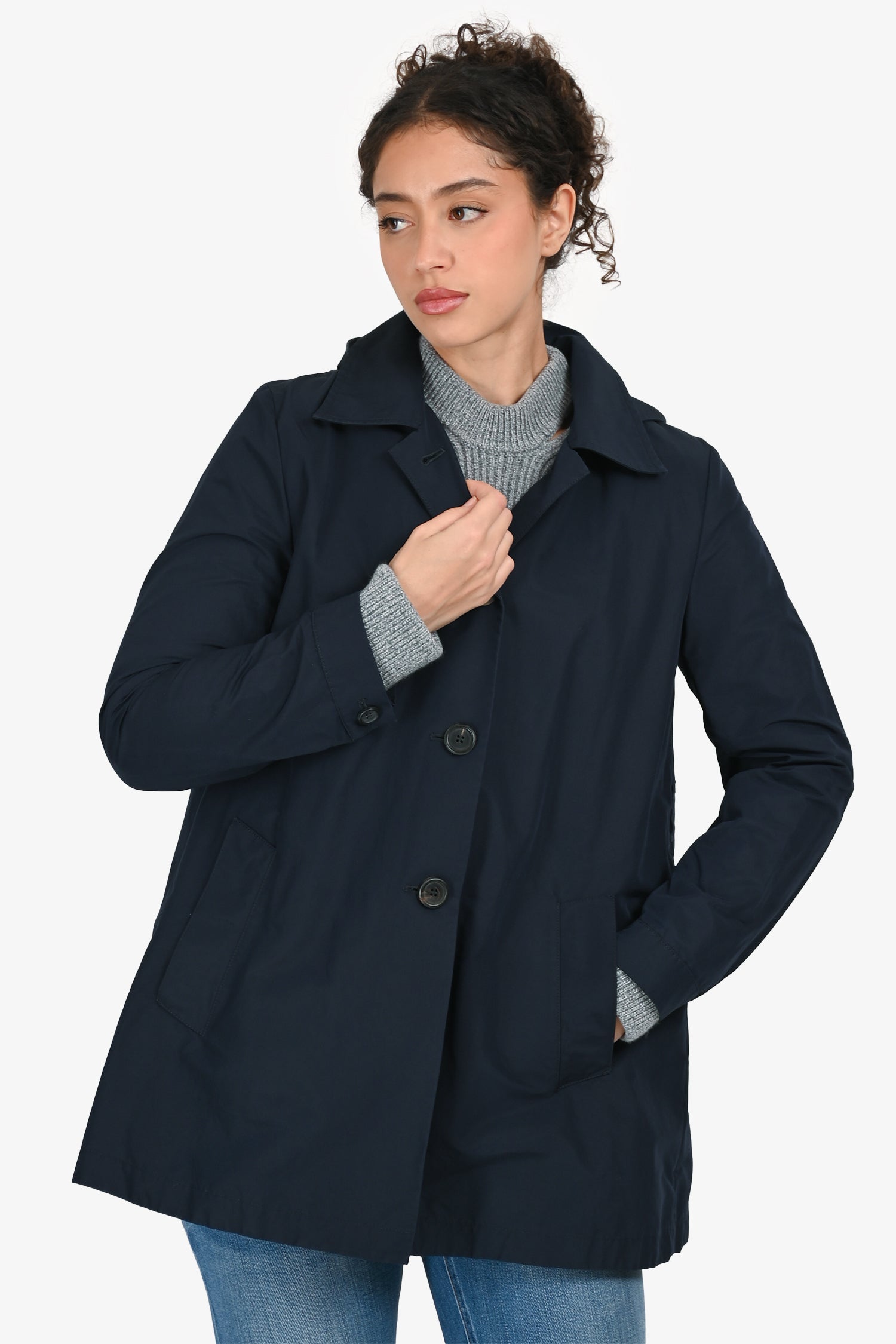 Prada Handbag Single Breasted Detachable Hood A-Line Short Trench Navy