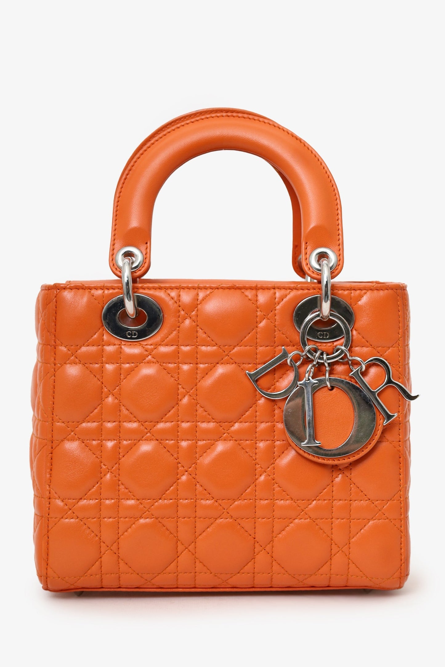 Dior Handbag Christian Cannage Lady with Strap Leather Orange Small