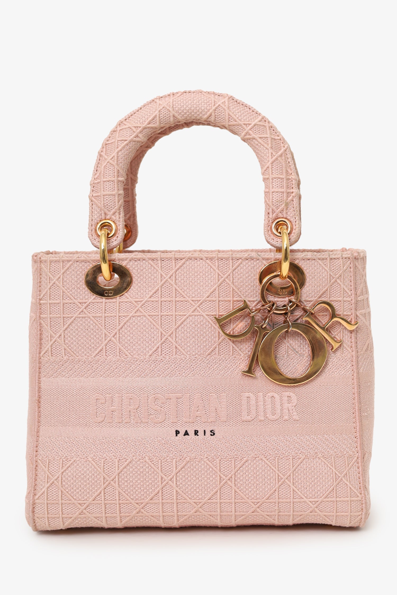 Dior Handbag Christian Cannage Lady D-Lite With Strap Canvas Pink Medium