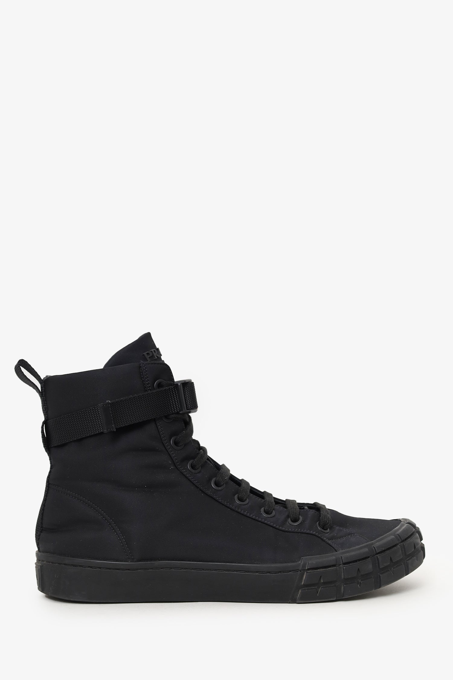 Prada Handbag Buckle Detail High Top Sneakers Nylon Black Shoes