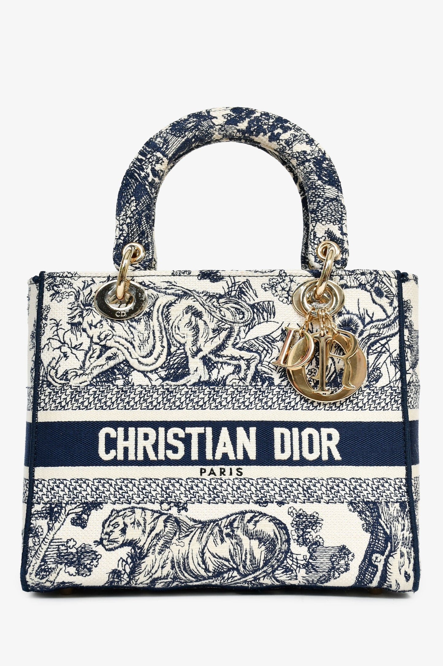 Dior Handbag Christian Jacquard D-Lite with Strap White Navy Medium