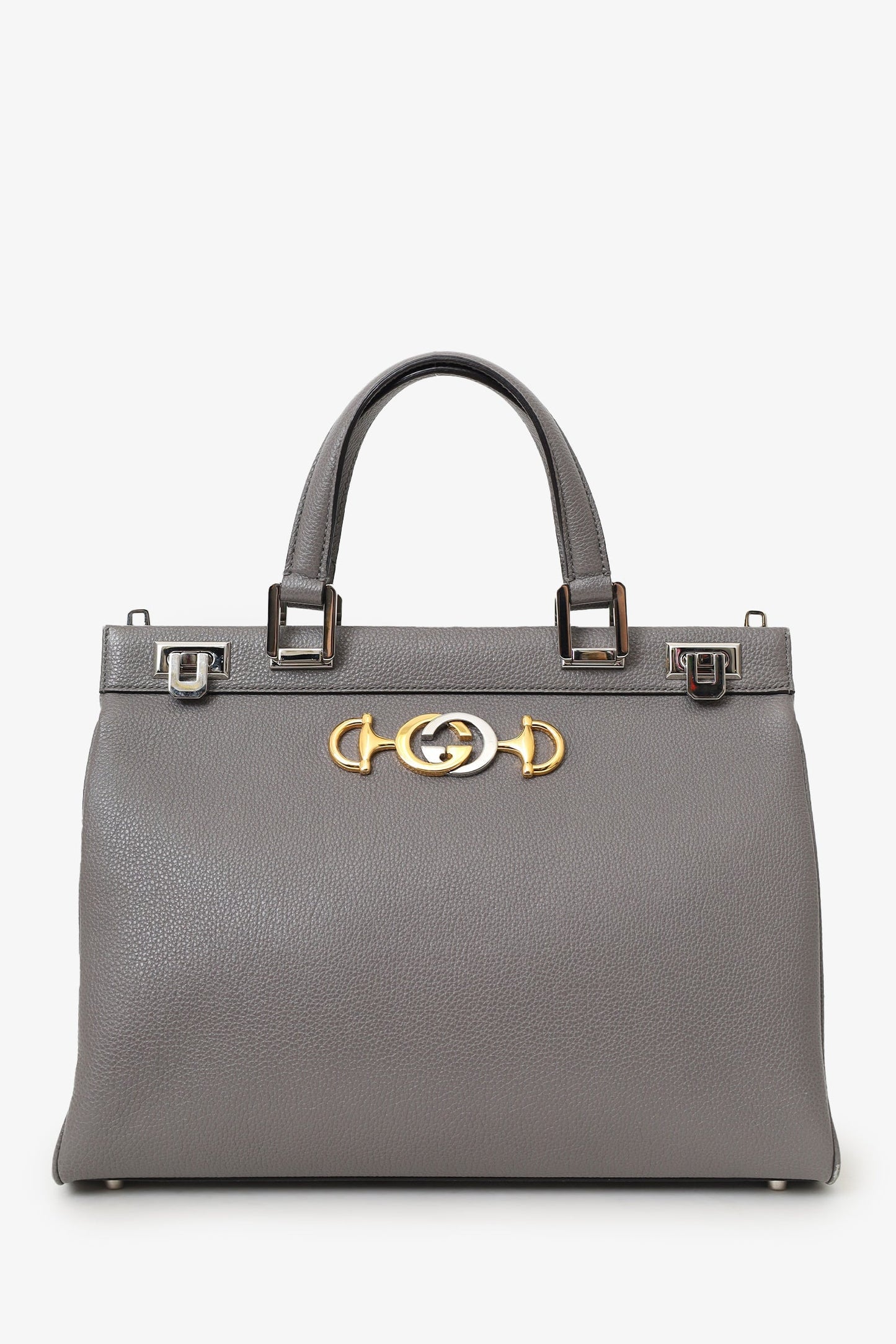 Gucci Grey Grained Leather Interlocking G Horsebit Zumi Medium Tote with Strap