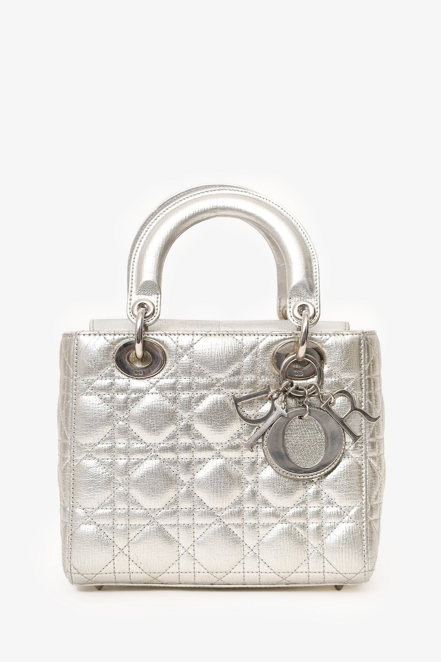 Dior Tote Bag Christian Metallic Cannage Lady with Strap Leather Silver Small