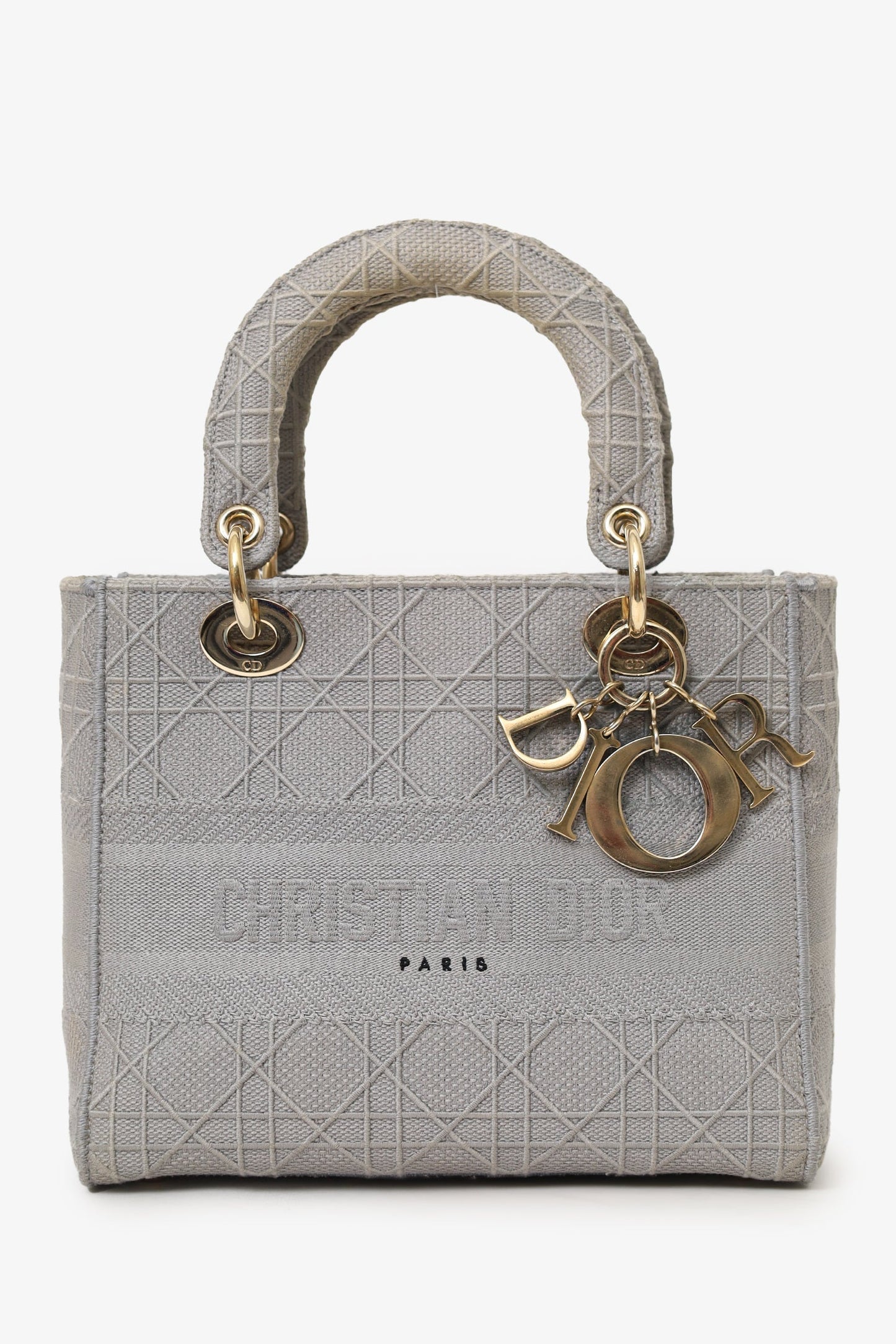 Dior Handbag Christian Grey Cannage Lady D-Lite With Strap Canvas Gray Medium