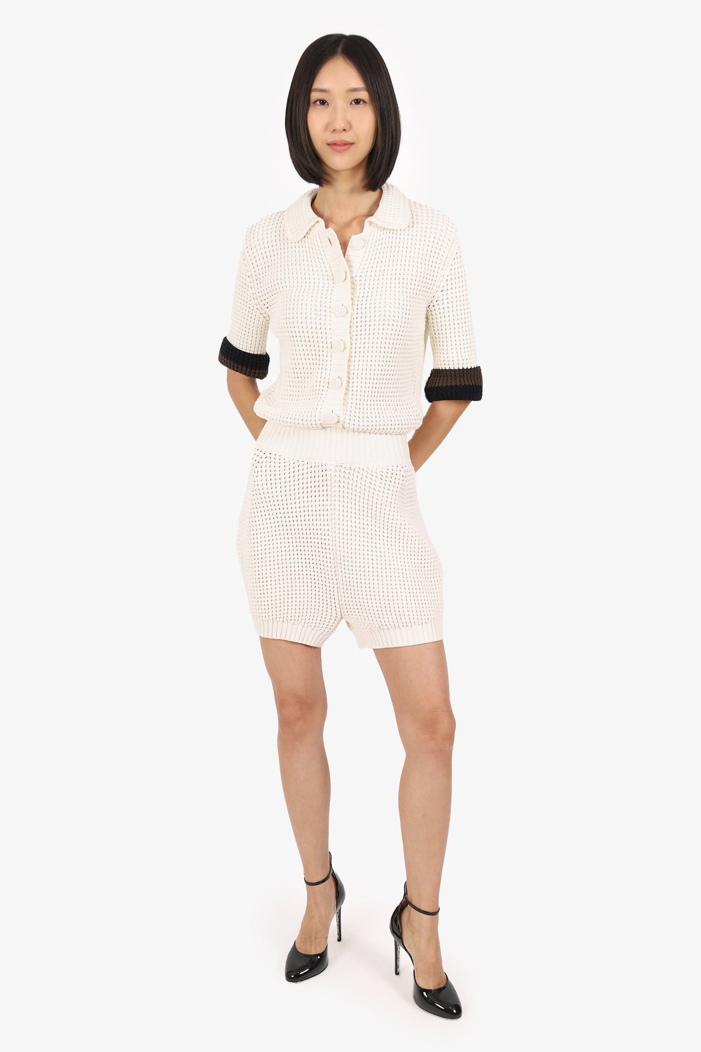 Fendi Handbag Off Knitted Short Sleeve Romper White