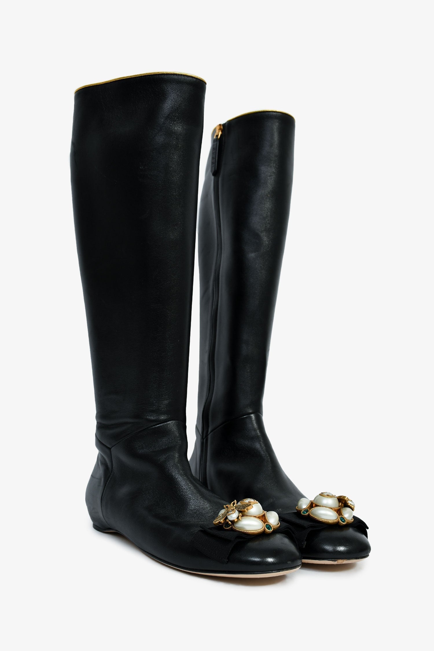 Gucci Black Leather Faux Pearl/Crystal Embellished Knee High Riding Boot Size 37.5
