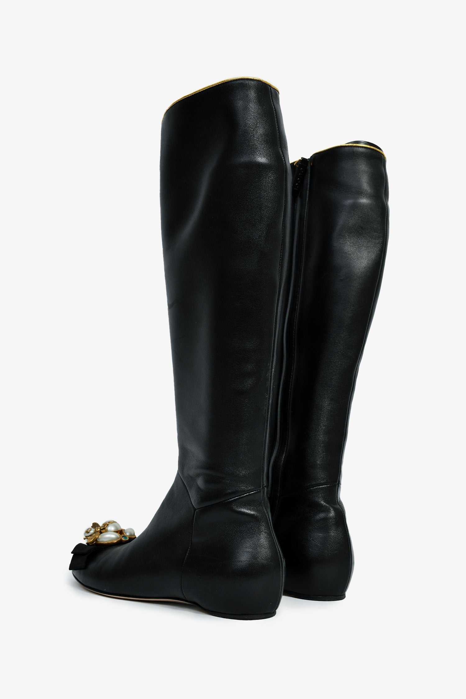 Gucci Black Leather Faux Pearl/Crystal Embellished Knee High Riding Boot Size 37.5