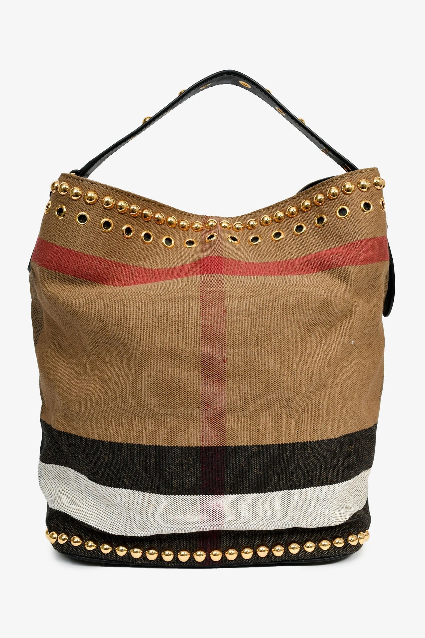 Burberry Linen Novacheck Studded Hobo Bag Leather Black Brown Shoulder Bag