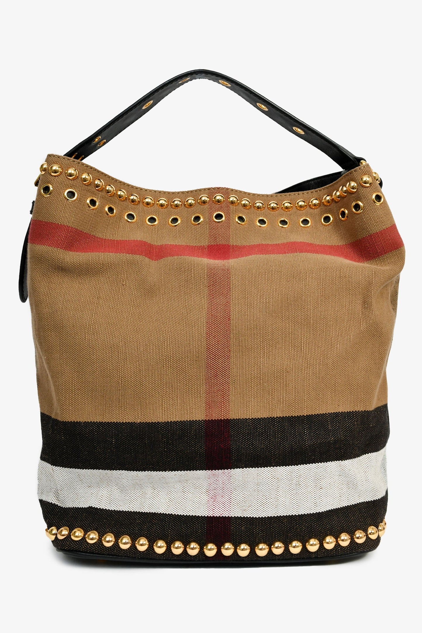 Burberry Linen Novacheck Studded Hobo Bag Leather Black Brown Shoulder Bag