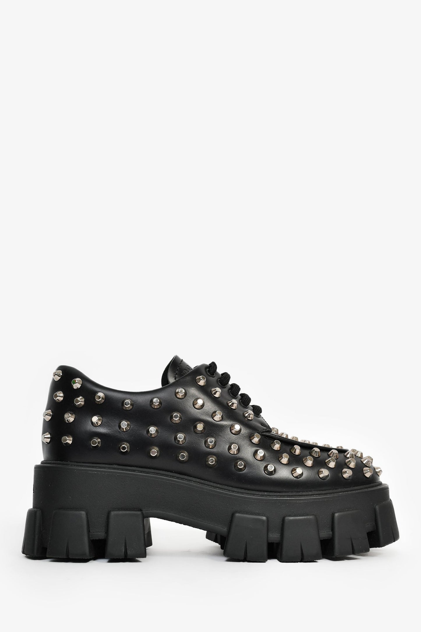 Prada Handbag Brushed Studded Platform Loafers Leather Black Shoes